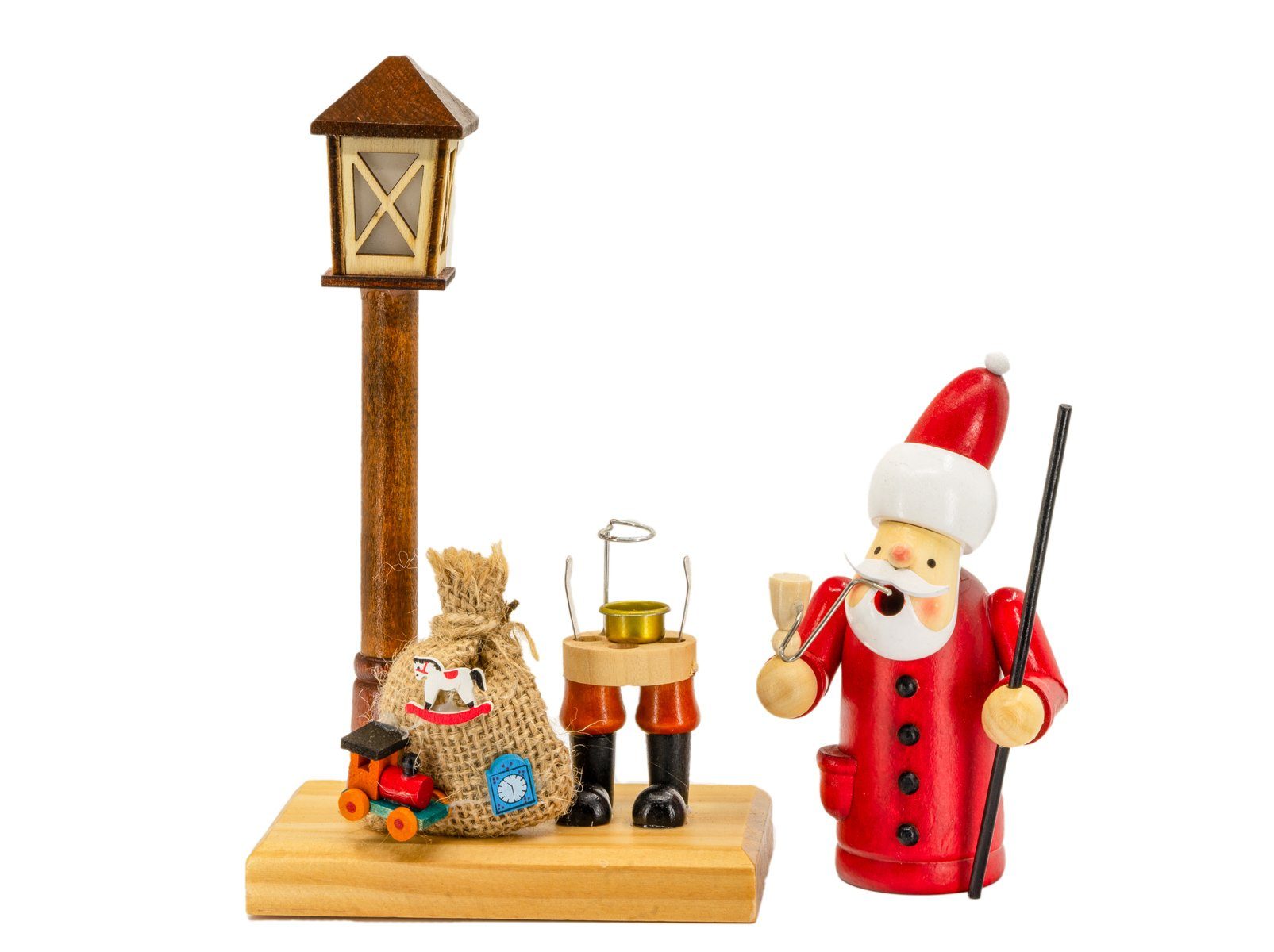 Kaladia Räuchermännchen Weihnachtsmann aus Holz - mit LED Laterne - ca. 19x11x7cm, für Räucherkerzen Größe M (Standard) - als weihnachtliche Dekoration