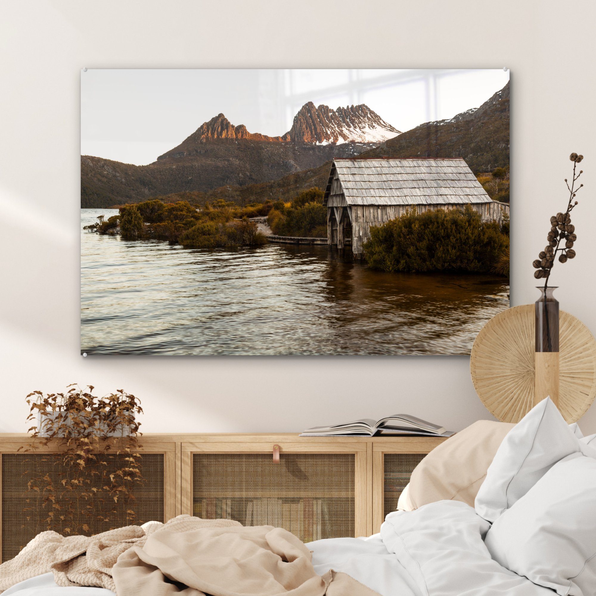 MuchoWow Acrylglasbild & Cradle Bootshaus am Mountain in St), Tasmanien, Acrylglasbilder Lake Dove Wohnzimmer Schlafzimmer (1