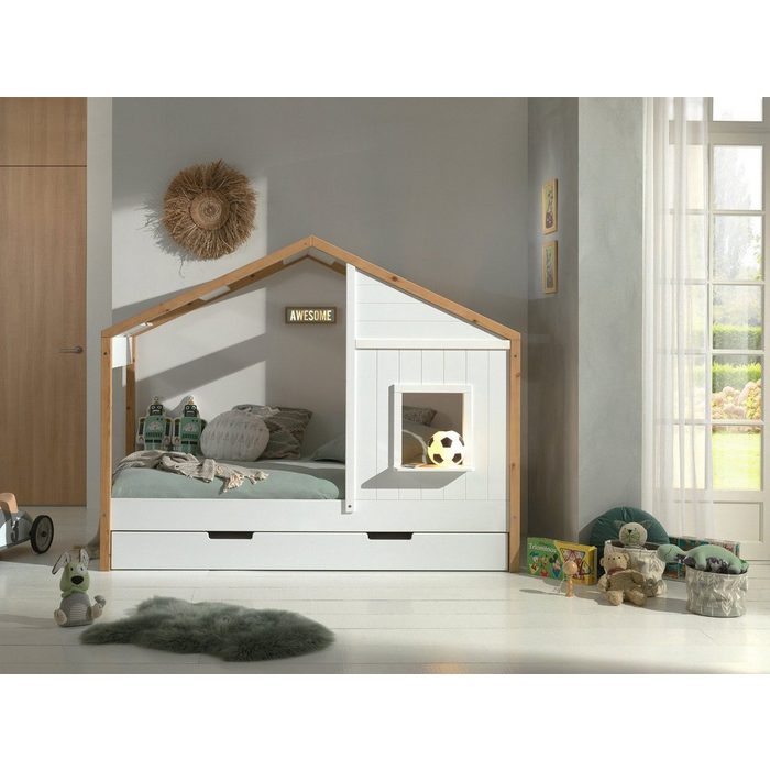 Natur24 Kinderbett Bett Landhausbett mit Schublade BABS 90x200 cm Oak/Weiß