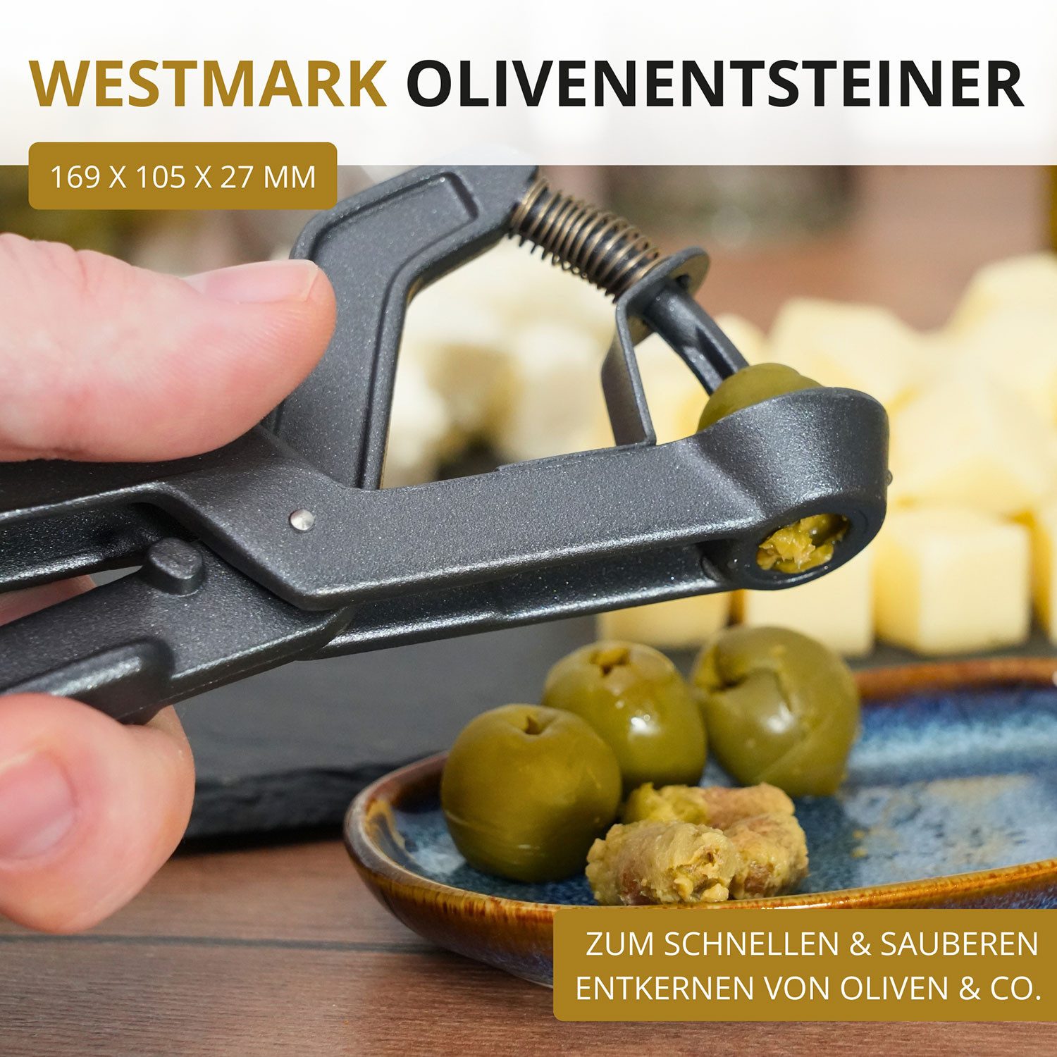 WESTMARK Entsteiner für große & kleine Oliven, Olivenentsteiner Olivus Black Edition, Aluminium, griffige Haptik