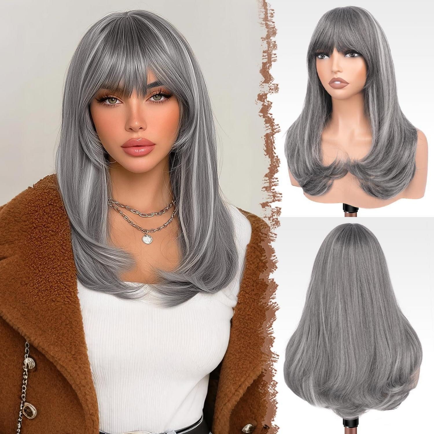 LuxusKollektion Kunsthaarperücke Perücke Lang Pony Damen Kunsthaar 45 cm Cosplay Mix Grau