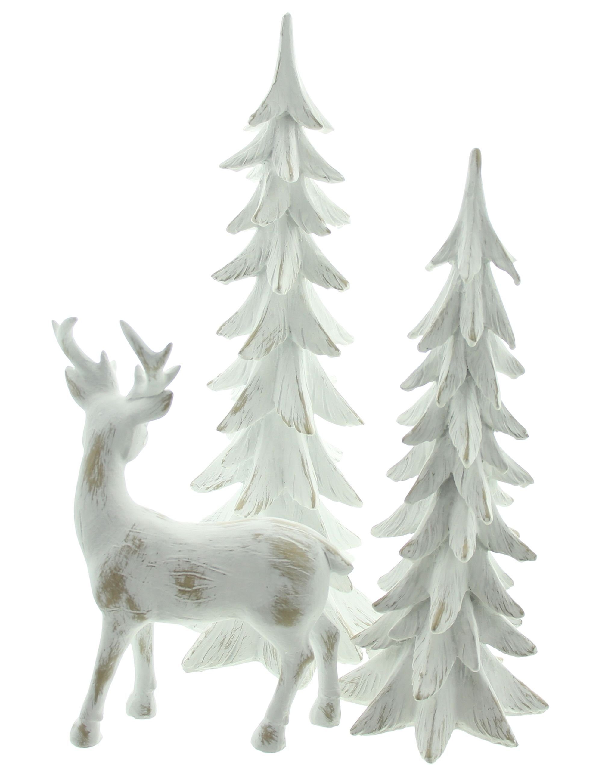 Shabby Weihnachtsdeko, "Winterwald" Figurenset, Fensterdeko, St., Tannenbäume 2 (3 Tischdeko Hirschfigur, Deko-Set weiß, teilig), 3 Dekoleidenschaft + Dekofigur