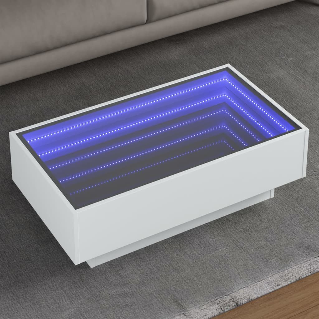 vidaXL Couchtisch 90 x 50 x 30 cm LED Couchtisch Infinity-Spiegel Weiß 90x50x30 cm Spanp