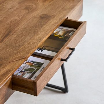 Tikamoon Schreibtisch Hedda Schreibtisch aus massivem Mangoholz und Metall
