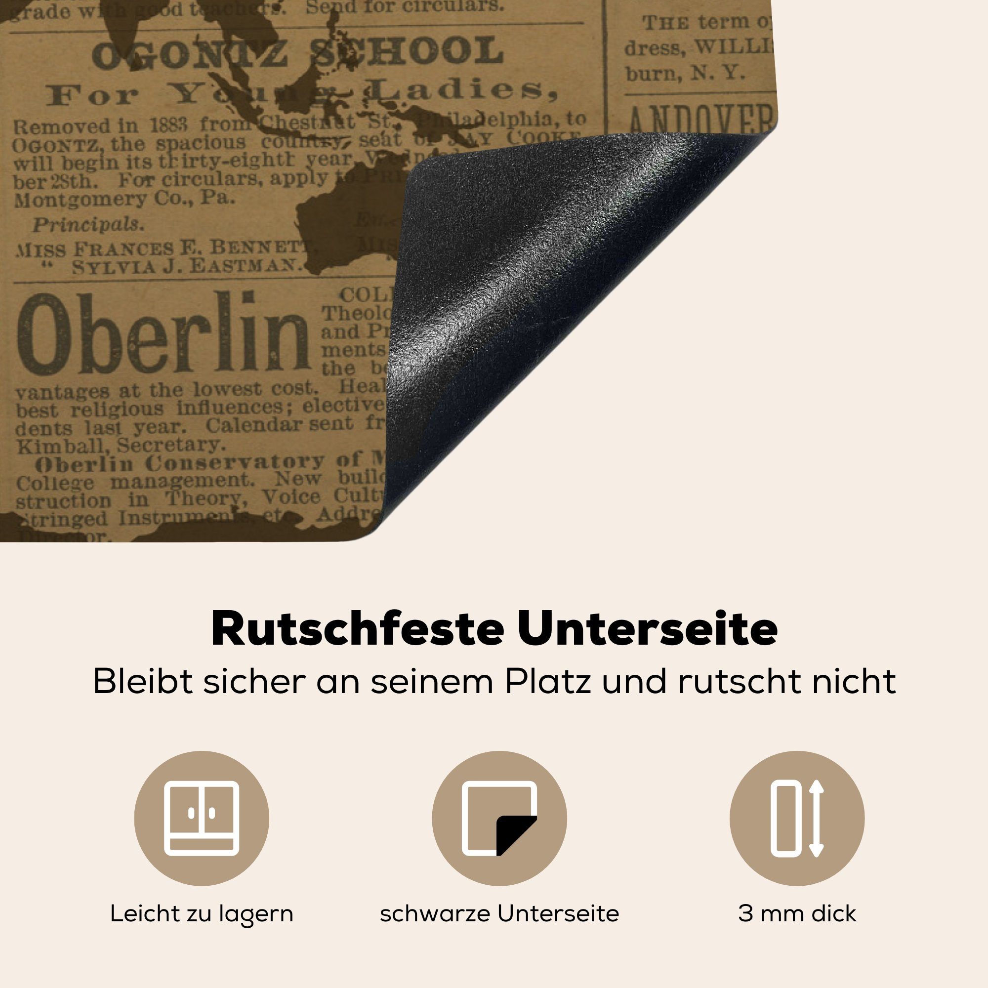 küche, 81x52 Vinyl, (1 - die tlg), cm, Herdblende-/Abdeckplatte MuchoWow Ceranfeldabdeckung Schutz Induktionskochfeld Braun für Weltkarte - Zeitungspapier,