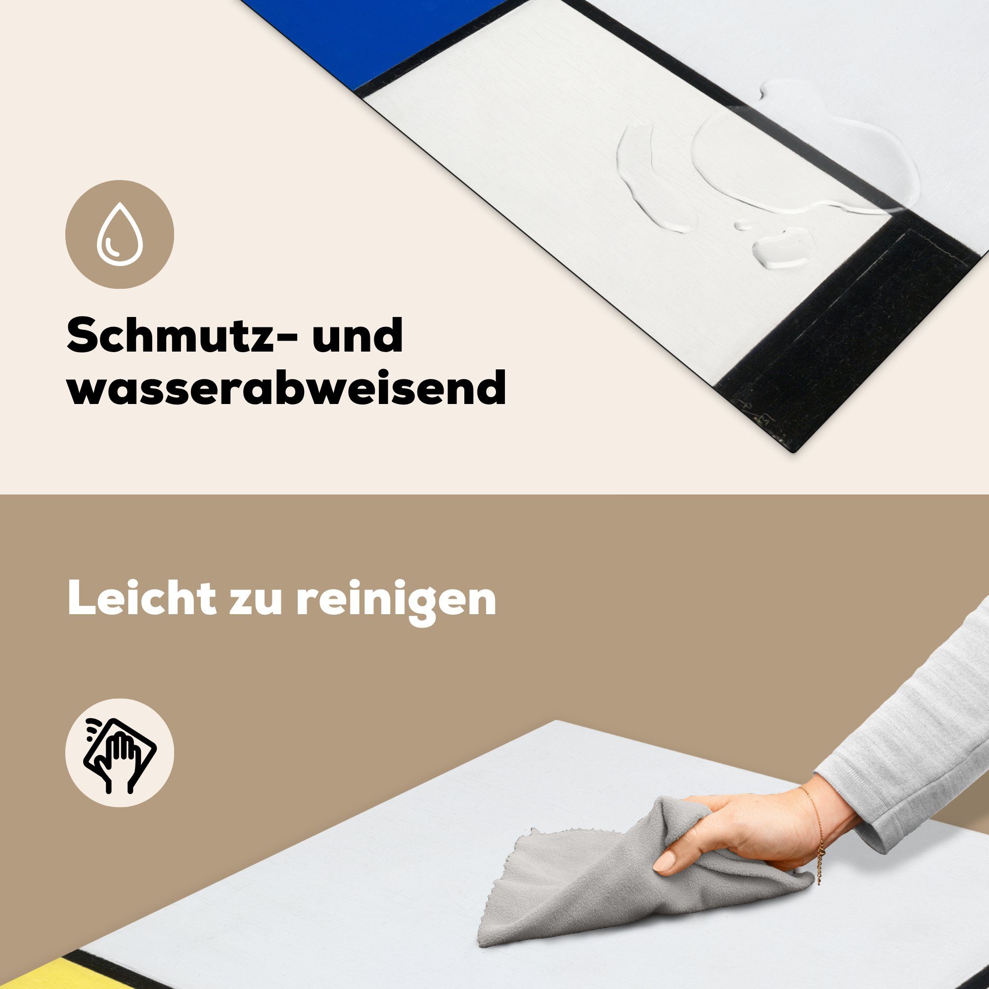 MuchoWow Herdblende-/Abdeckplatte Komposition mit Gelb, Ceranfeldabdeckung, und 78x78 Blau Piet für cm, Schwarz Arbeitsplatte tlg), - Mondrian, Vinyl, küche (1