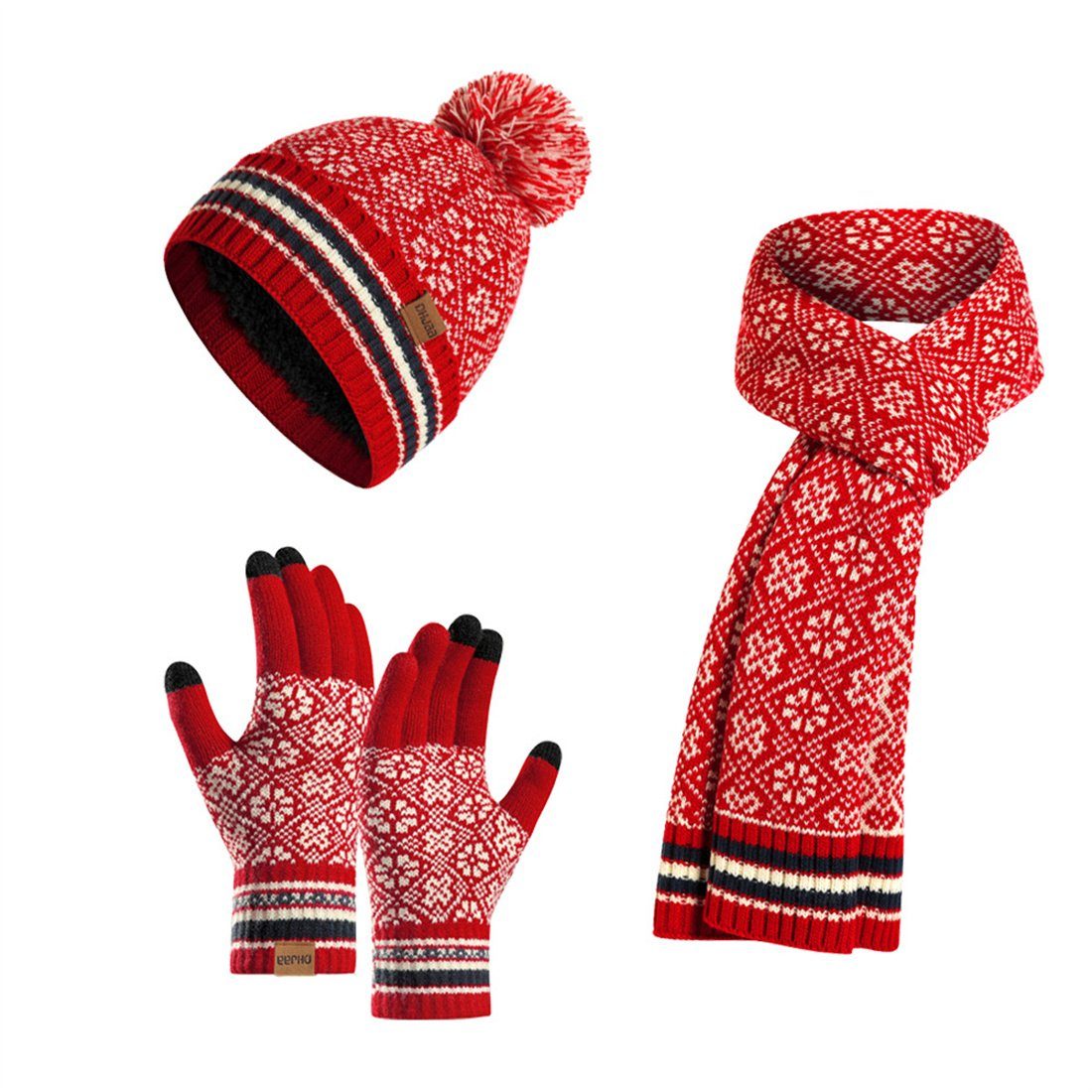 Strickmütze Wollmütze, Winter Schal, Set Unisex rot 3er Handschuhe Vintage DÖRÖY Mütze,