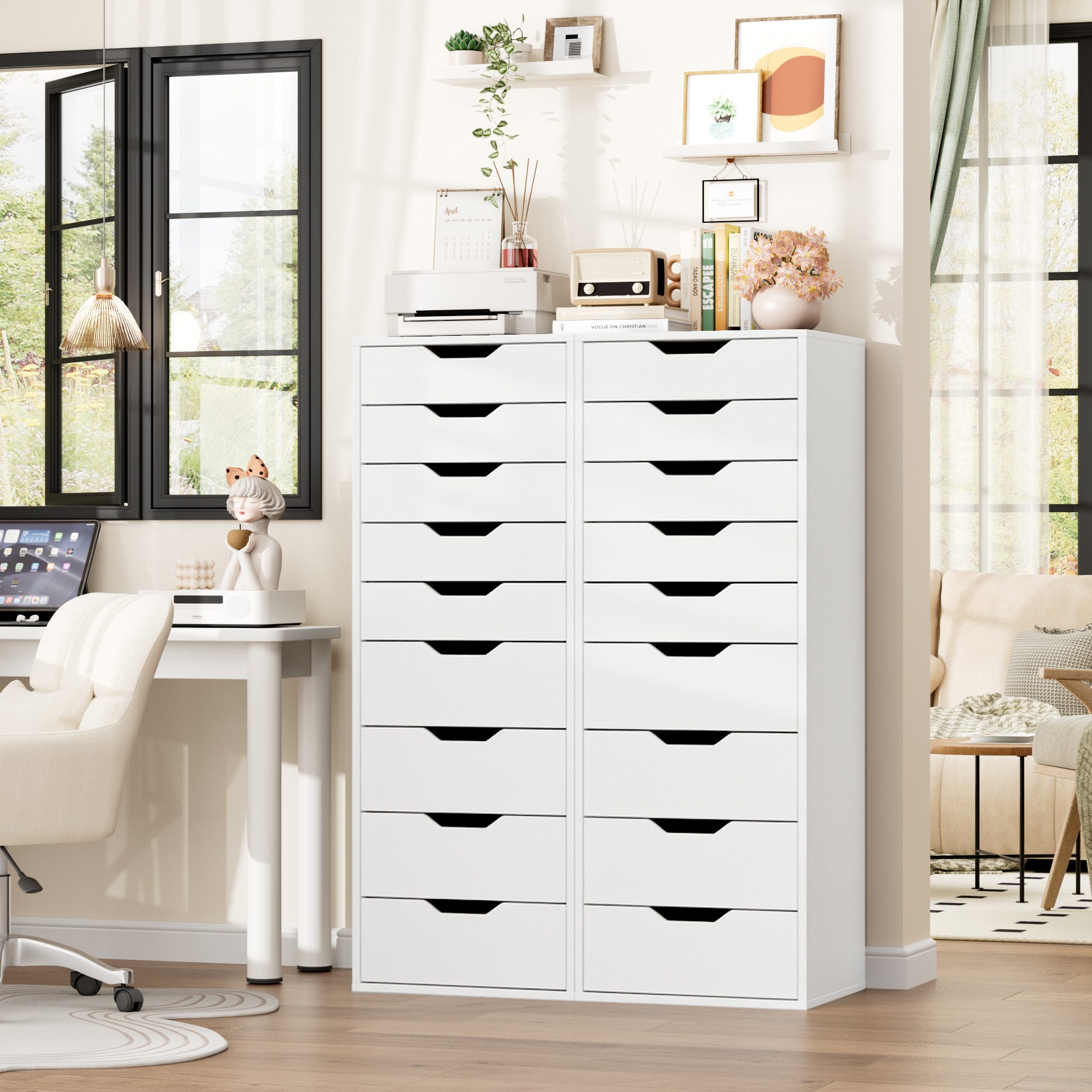Homfa Kommode Schubladenschrank, Hochkommode, mit 9 Schubladen, schmal, weiß, 45x40x124cm