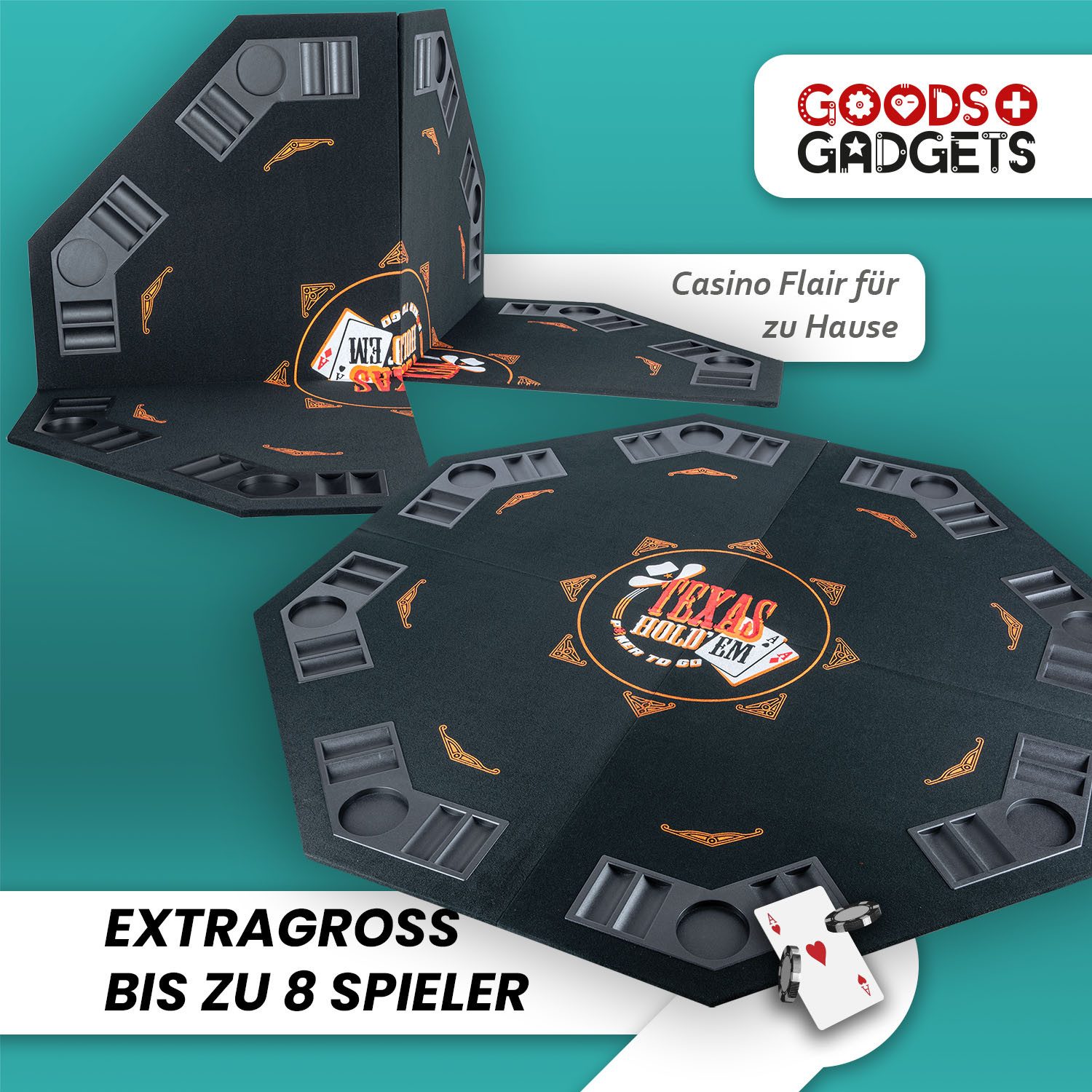 Goods+Gadgets Spiel GOODS+GADGETS Faltbare Poker Tischauflage 120x120 cm für 8 Spieler, Pokertisch, Pokerauflage