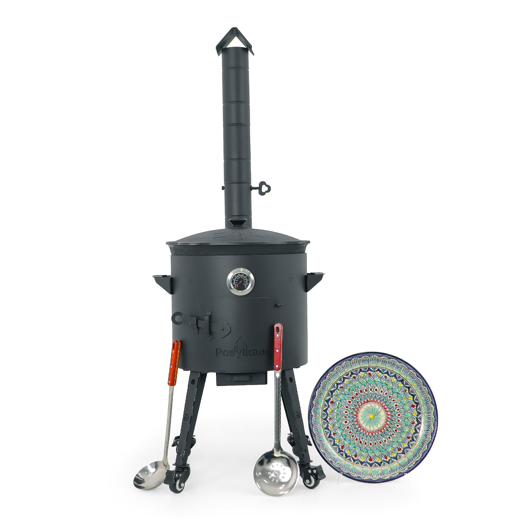 Posylka.de Feuerstelle Gulaschkanone Ø 40 cm Kasan 12 L rund Lagan Ø 37 cm Rollen Kelle, (11-St)