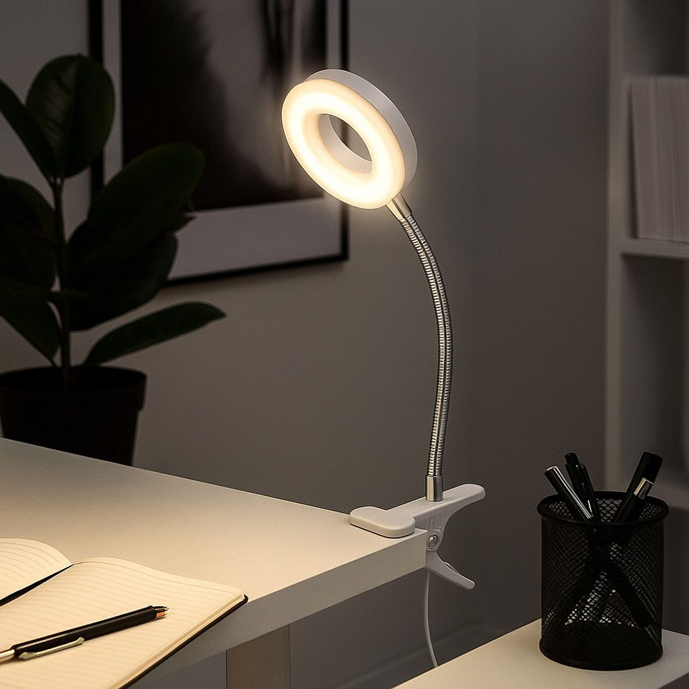 Briloner Leuchten LED Klemmleuchte, LED-Leuchtmittel fest verbaut, Warmweiß, Klemmlampe weiß Klemmleuchte Klemmlampe LED mit Stecker