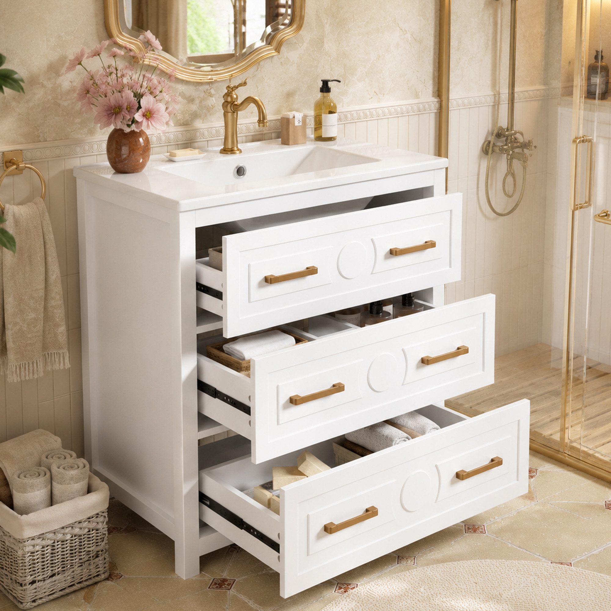 Flieks Waschtisch mit 3 Schubladen, Waschbeckenunterschrank mit Waschbecken (bodenstehender Badschrank mit goldenem Griffen, 1-St., 76,5x47x82 cm), Badezimmerschrank mit glänzend Keramikbecken Badmöbel Weiß