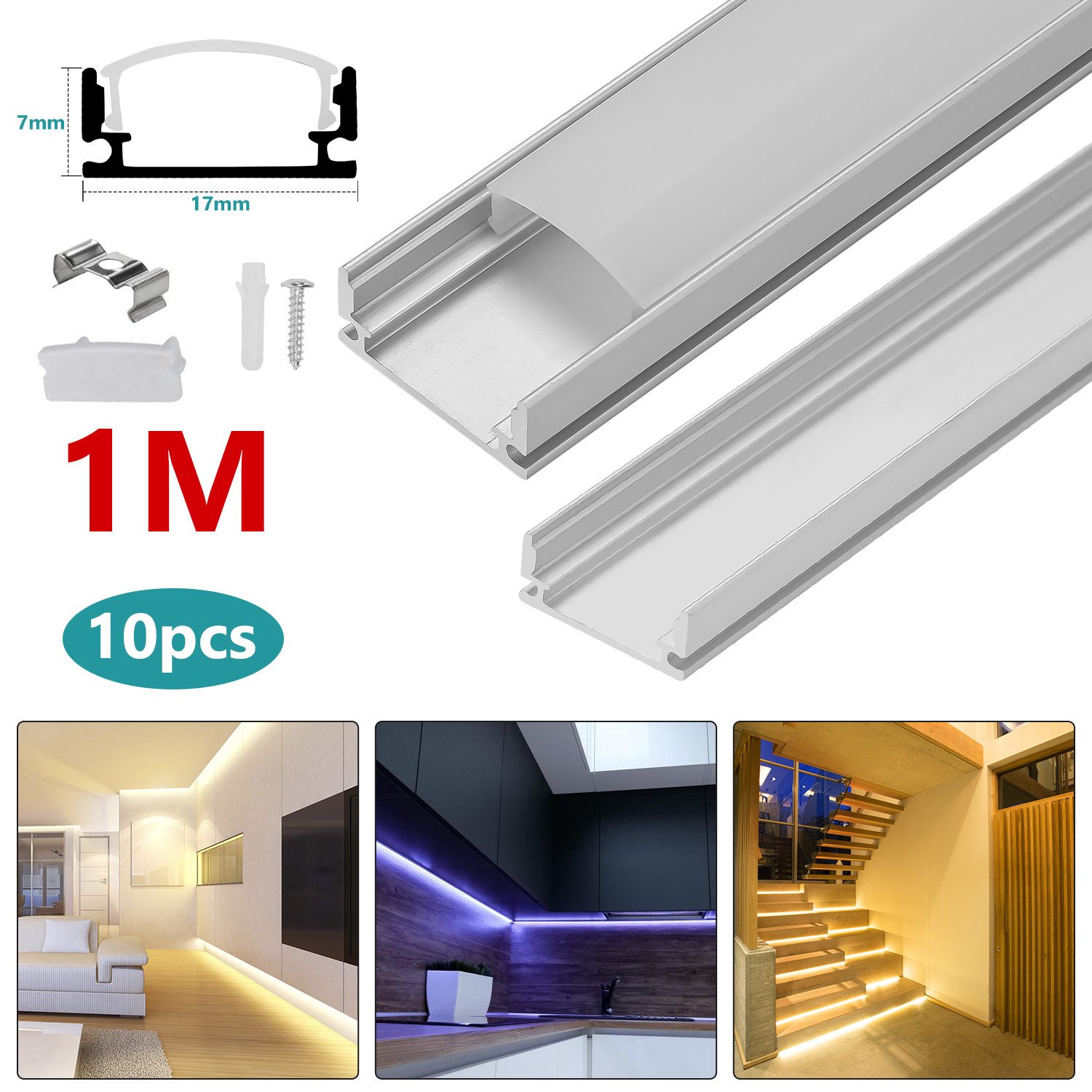 Clanmacy LED-Stripe-Profil 10x 1m LED Aluminium Profil LED Strip Schiene – Bild 3 von 5