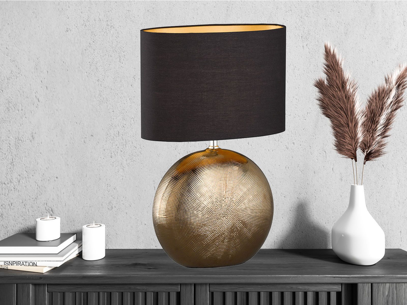 FISCHER & HONSEL LED Nachttischlampe, LED wechselbar, Warmweiß, Lampen-Fuß Keramik Bronze, Lampenschirm oval Schwarz Gold, 53cm groß