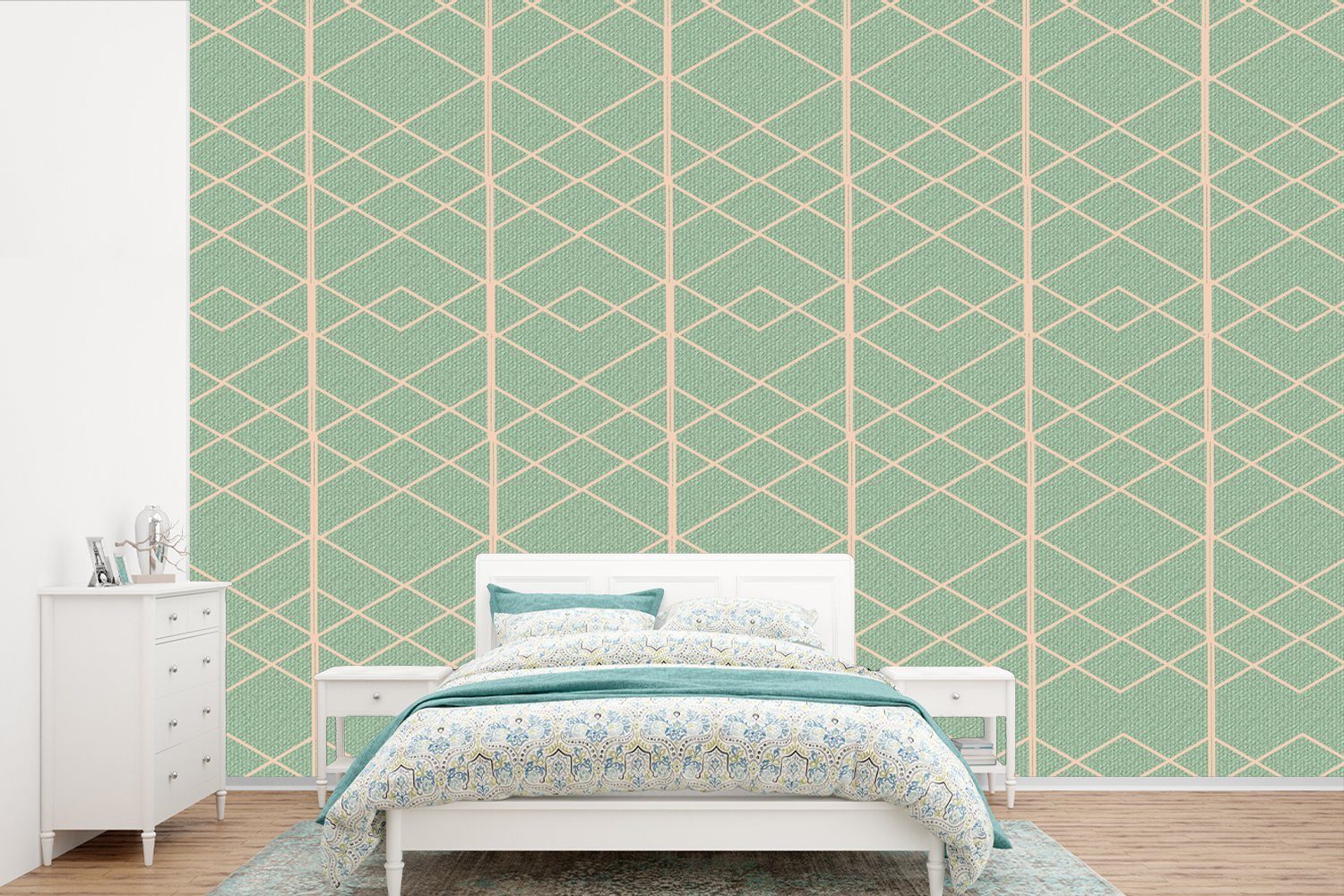 Wallpaper Wohnzimmer, (6 St), - Luxus MuchoWow Schlafzimmer, Tapete für Grün, Linie Matt, Muster Fototapete Vinyl bedruckt, - - Kinderzimmer,