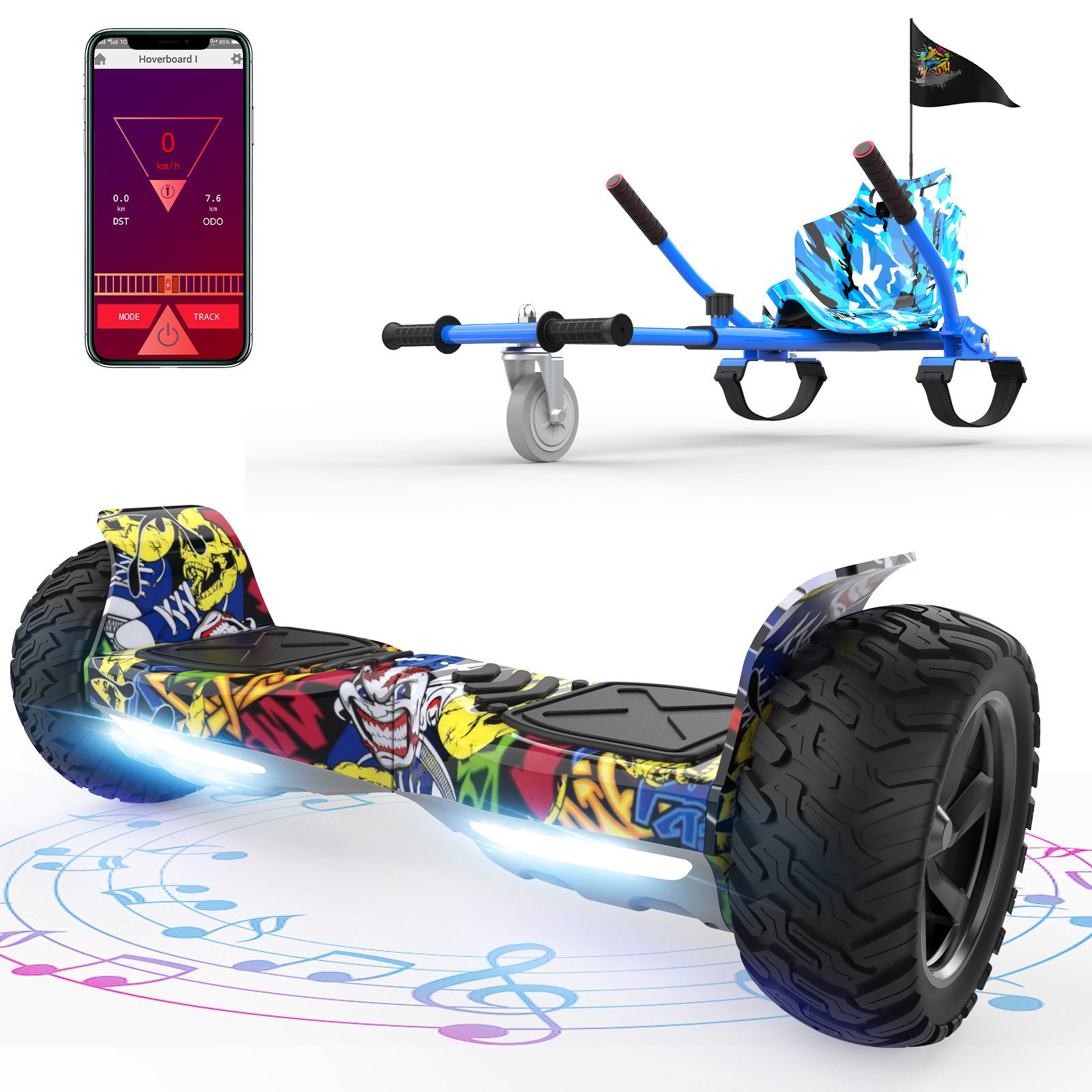 RCB TECH Balance Scooter Kart Set, 8,5'' Off-Road SUV Hoverboard mit Sitz, Go-Kart, APP, Bluetooth