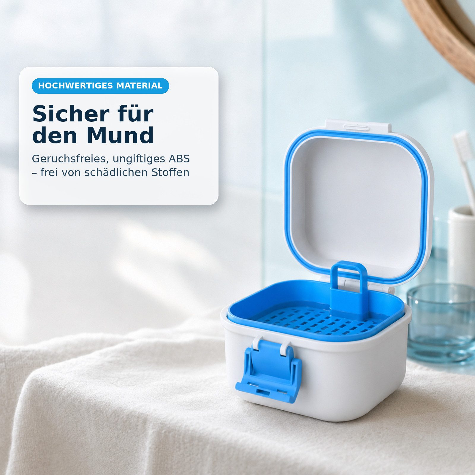 Fyrove Zahndose Zahnprothesenbox mit Einweichwanne & Ablaufloch, ABS (Set, 1 St., Einschichtige Zahnersatz-Reinigungsbox mit Verschlussclip), Mit Sieb zum Einwe – Bild 3 von 5
