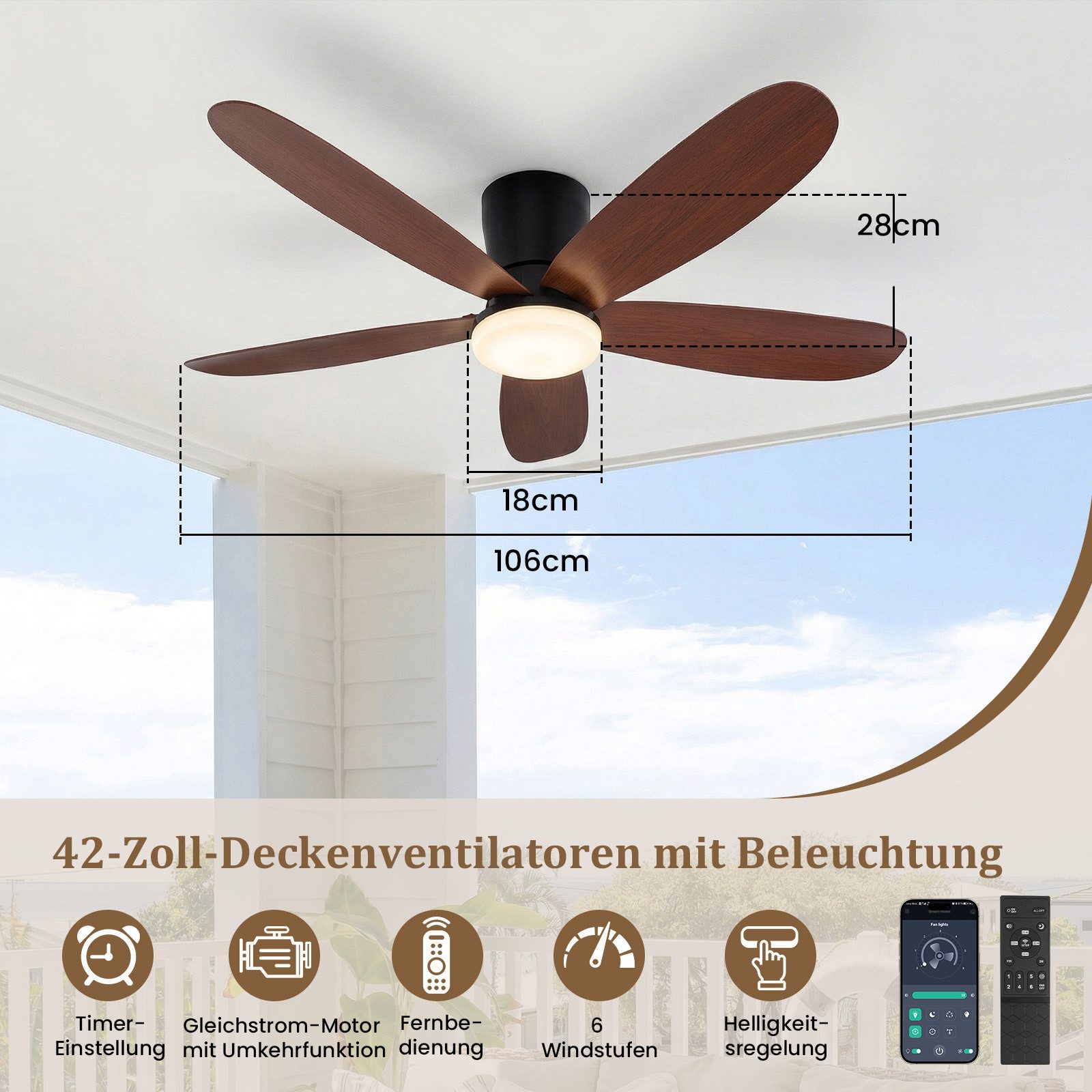 Rosnek Deckenventilator mit Beleuchtung, leiser DC-Motor, Fernbedienung & APP, reversibel, 106 cm, dimmbare LED mit 3 Lichtfarben, 6 Windstufen, für Schlafzimmer
