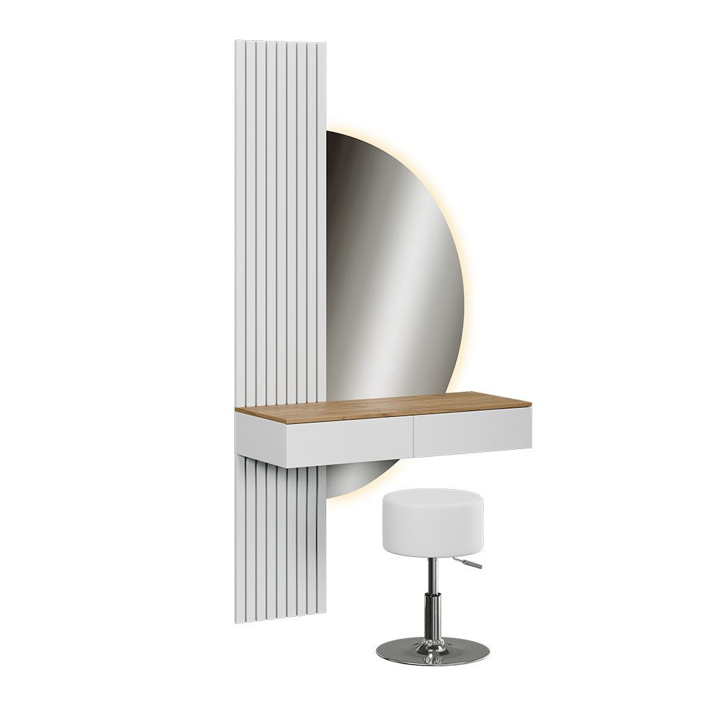 Vicco Schminktisch Melina, Weiß/Eiche, 100 cm mit LED-Spiegel und Hocker (2-St)
