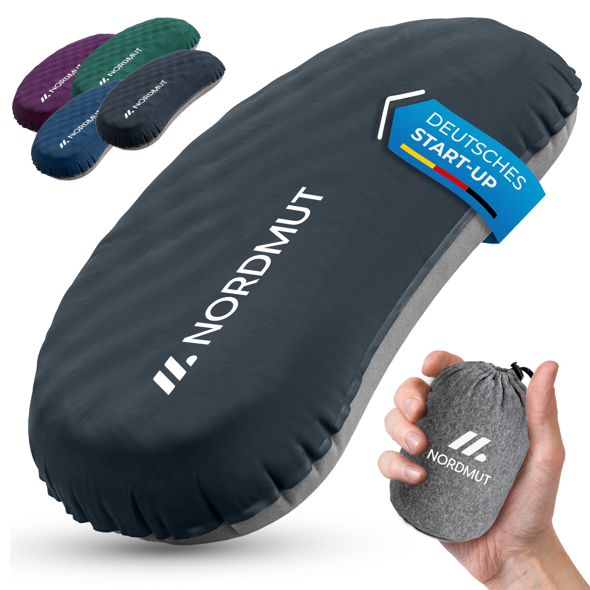 Nordmut Reisekissen aufblasbar & ergonomisch für Camping & Outdoor, kompakt & ultraleicht, Spar-Set, 1-tlg., Nordmut Rago + Kompressionsbeutel, Trekking, Schlafkissen für Nacht, waschbarer Bezug, Kompressionsbeutel