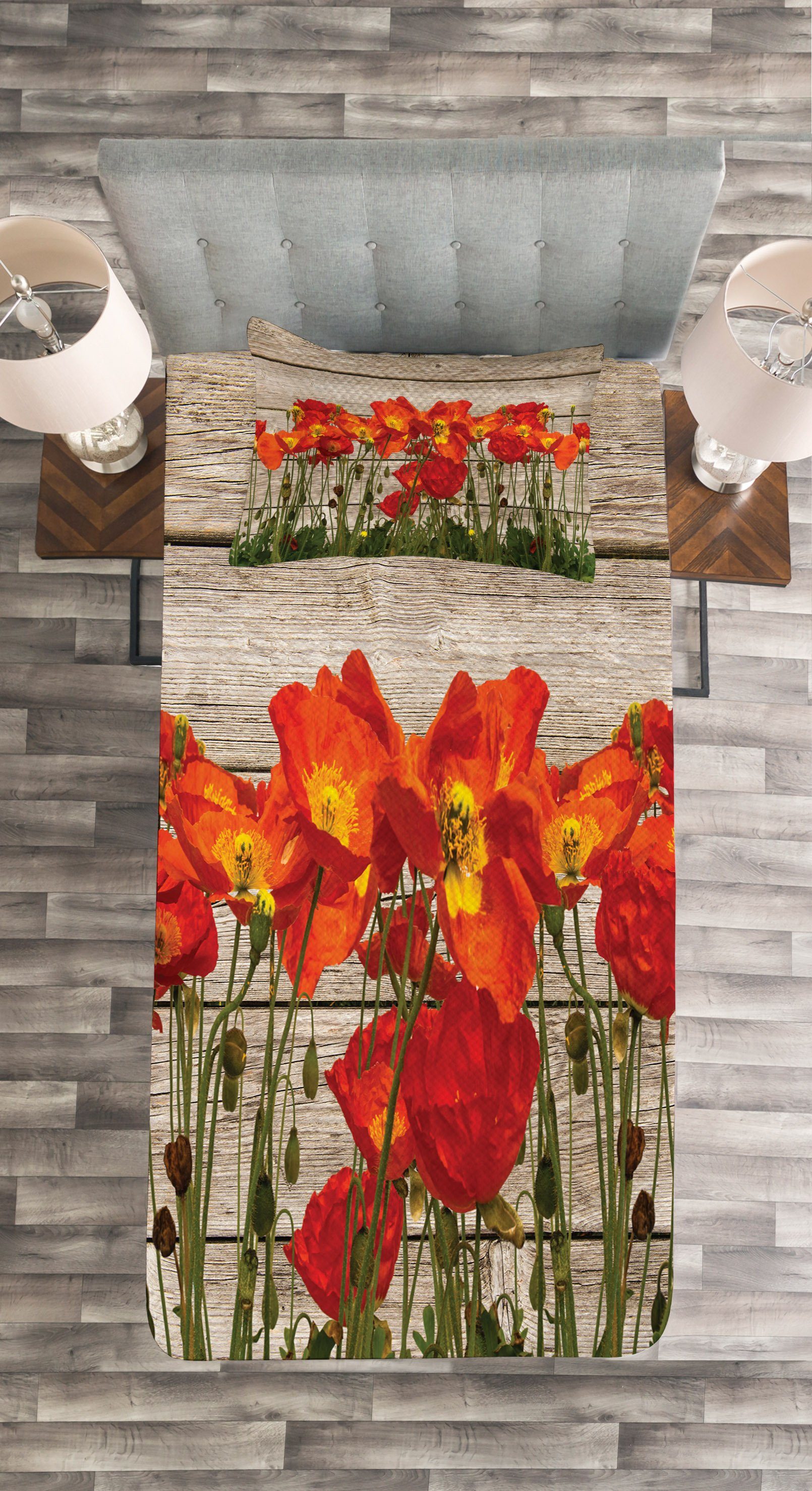 Tagesdecke Set mit Mohnblumen-Blumen Blooming Rustikal Kissenbezügen Waschbar, Abakuhaus