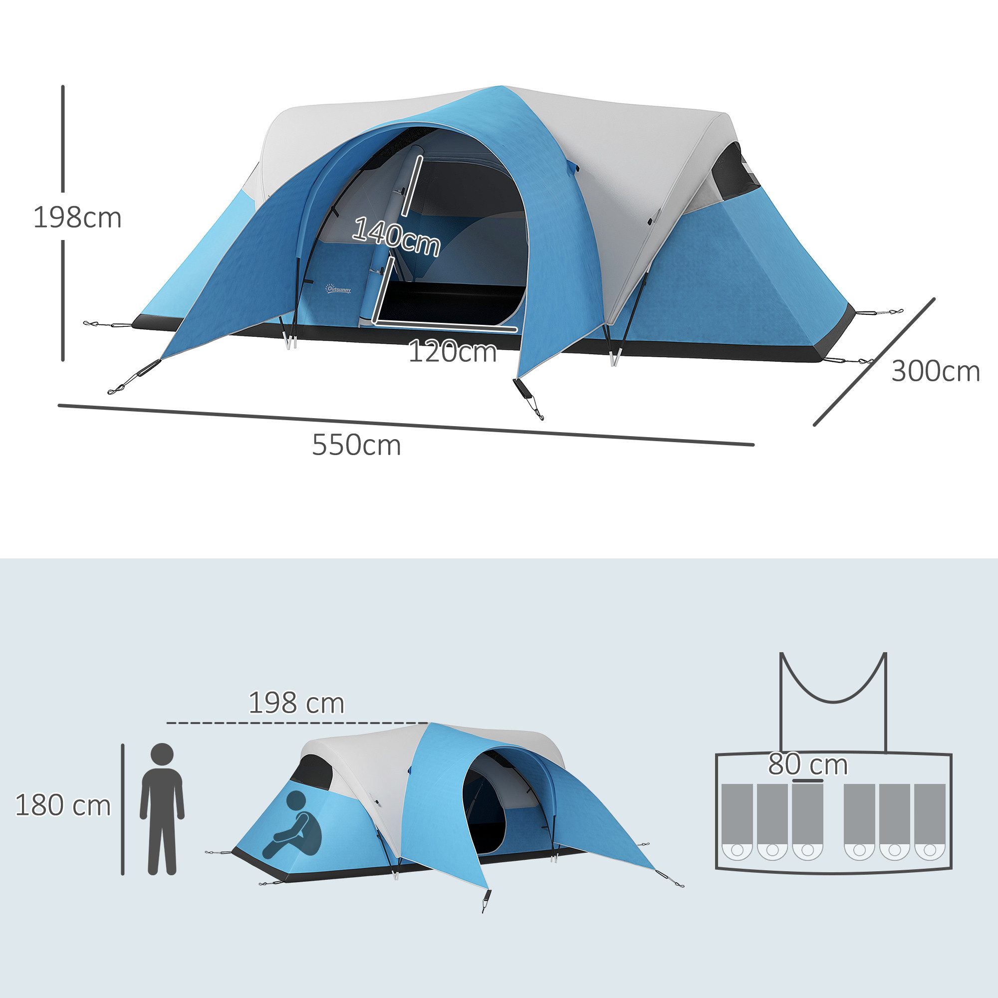 Outsunny Kuppelzelt wasserabweisend, für 6 Personen, mit Fenster, Tragetasche, Personen: 6 (Campingzelt, 1 tlg., Familienzelt), für Campingplatz, Blau