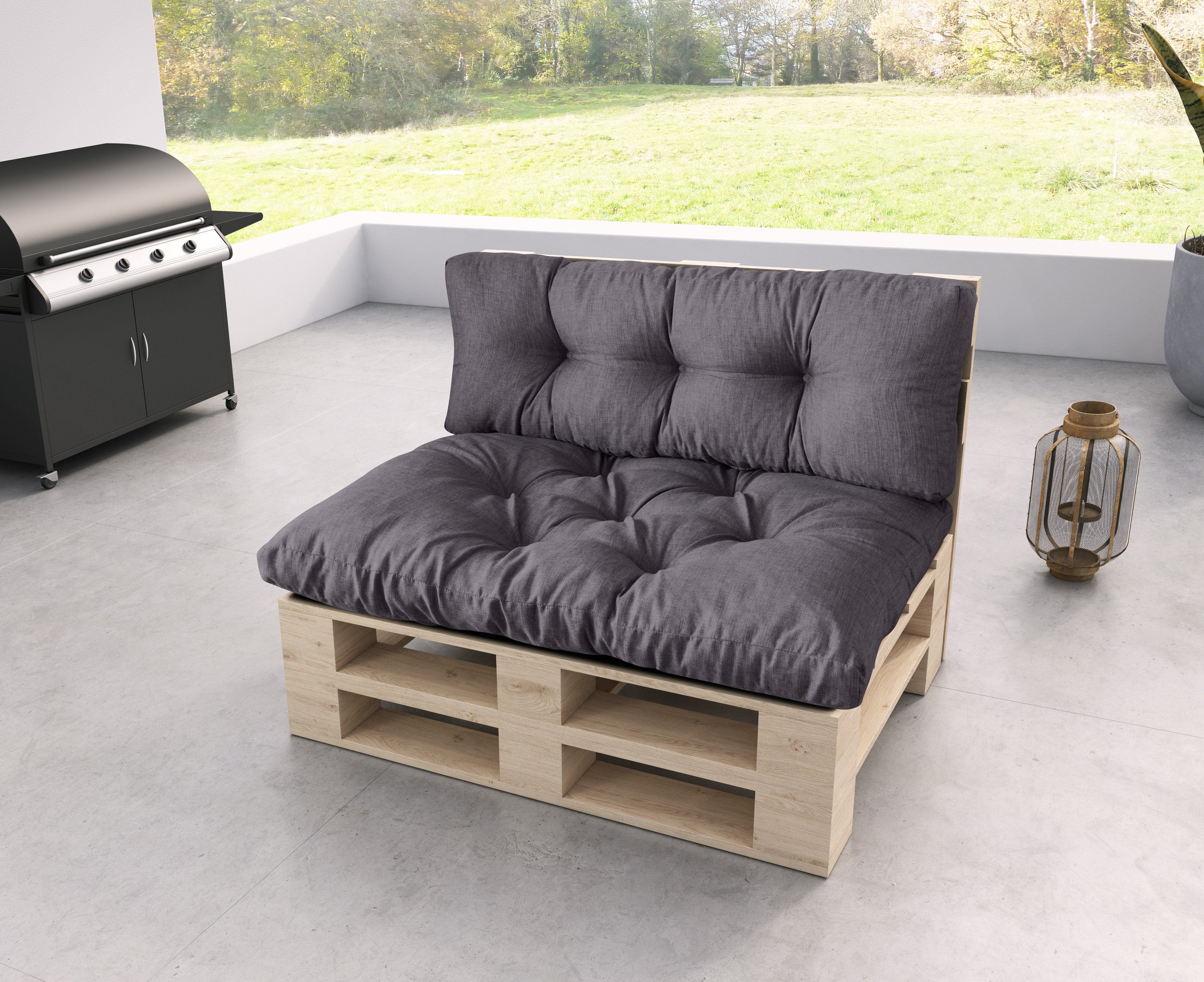 sunnypillow Palettenkissen Malmo - Set Sitzkissen 120x80x12 + Rückenkissen 120x40x15, palettenmöbel palettencouch polsterauflage