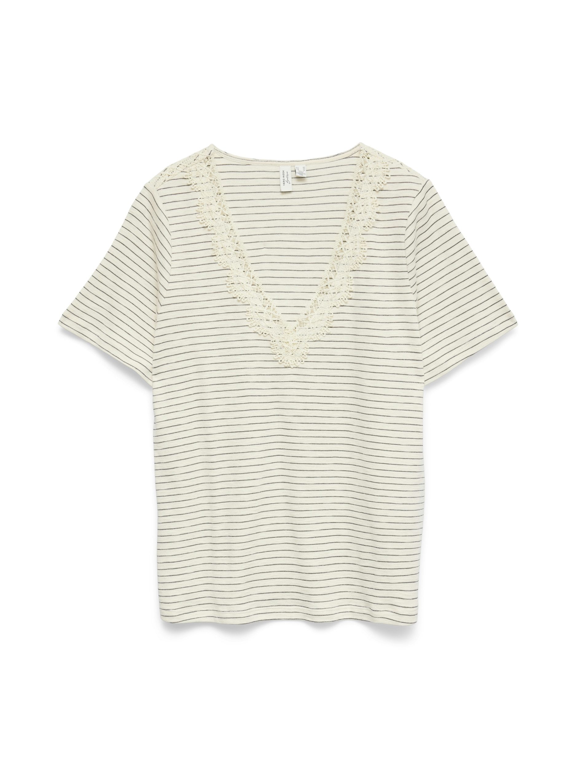 Vero Moda T-Shirt VMKAROLINE S/S LX V-NECK TOP JRS BT, Snow White/BLACK + SILVER LUREX