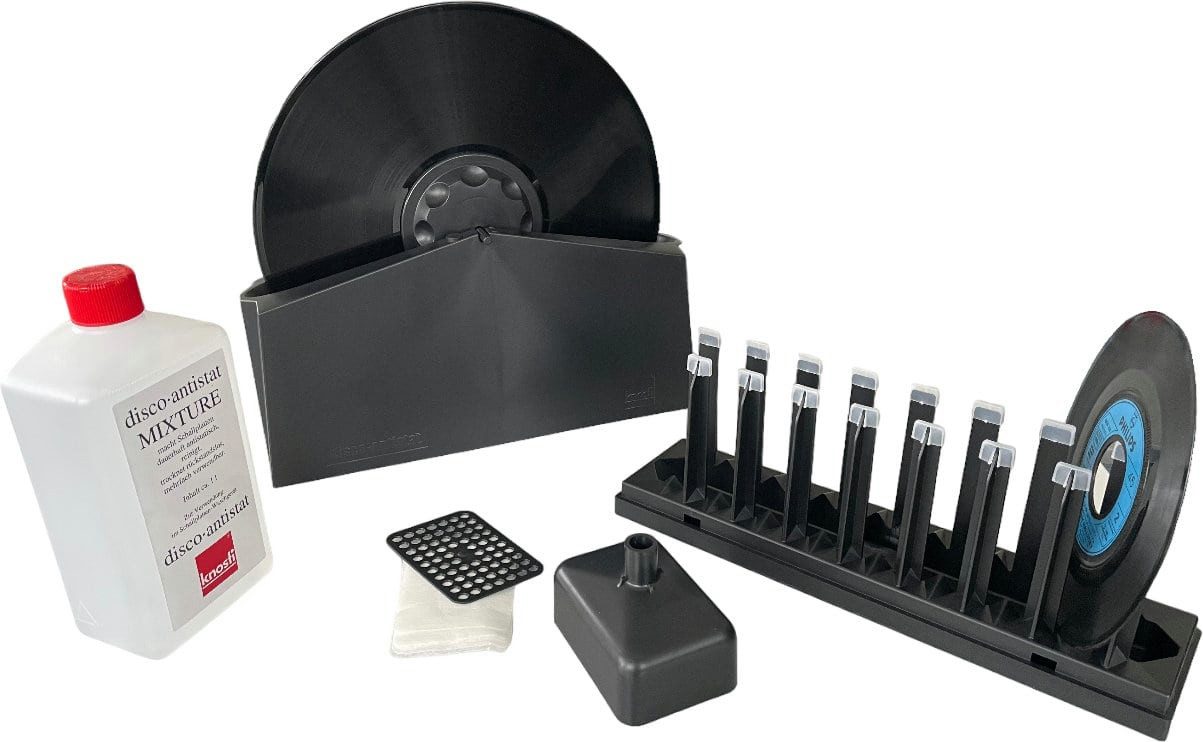 Knosti Plattenspieler-Reinigungs-Set Knosti Disco-Antistat Schallplatten Waschgerät, (inkl. Etikettendichtschale, Reinigungmittel, Trockenständer & Trichter), Schallplattenwaschmaschine mit austauschbaren Bürsten