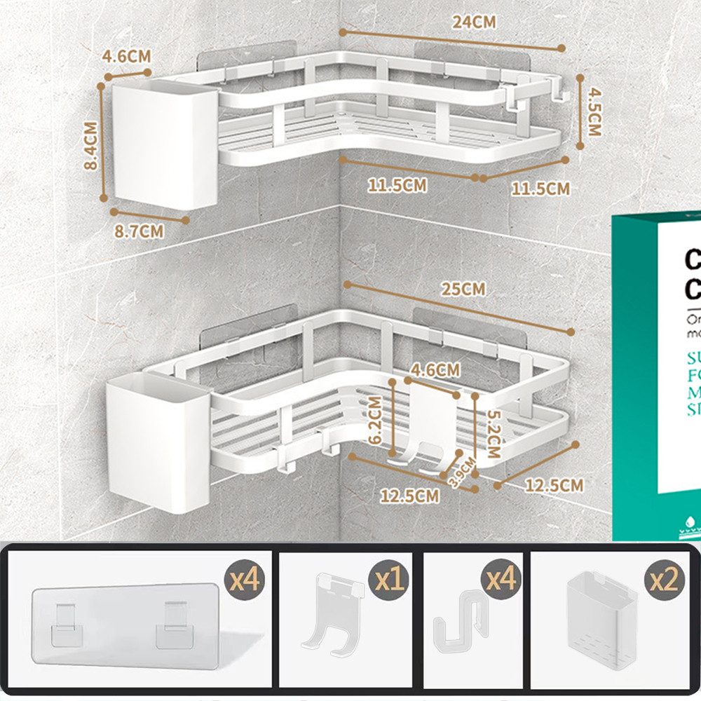 TUWENA Duschkorb 2 Stück Duschablage Ohne Bohren, Eckregal Badezimmer Regal Organizer, Wasserdichter und Rostfreier Duschregal mit 4 Haken,2 Zahnpasta Halter