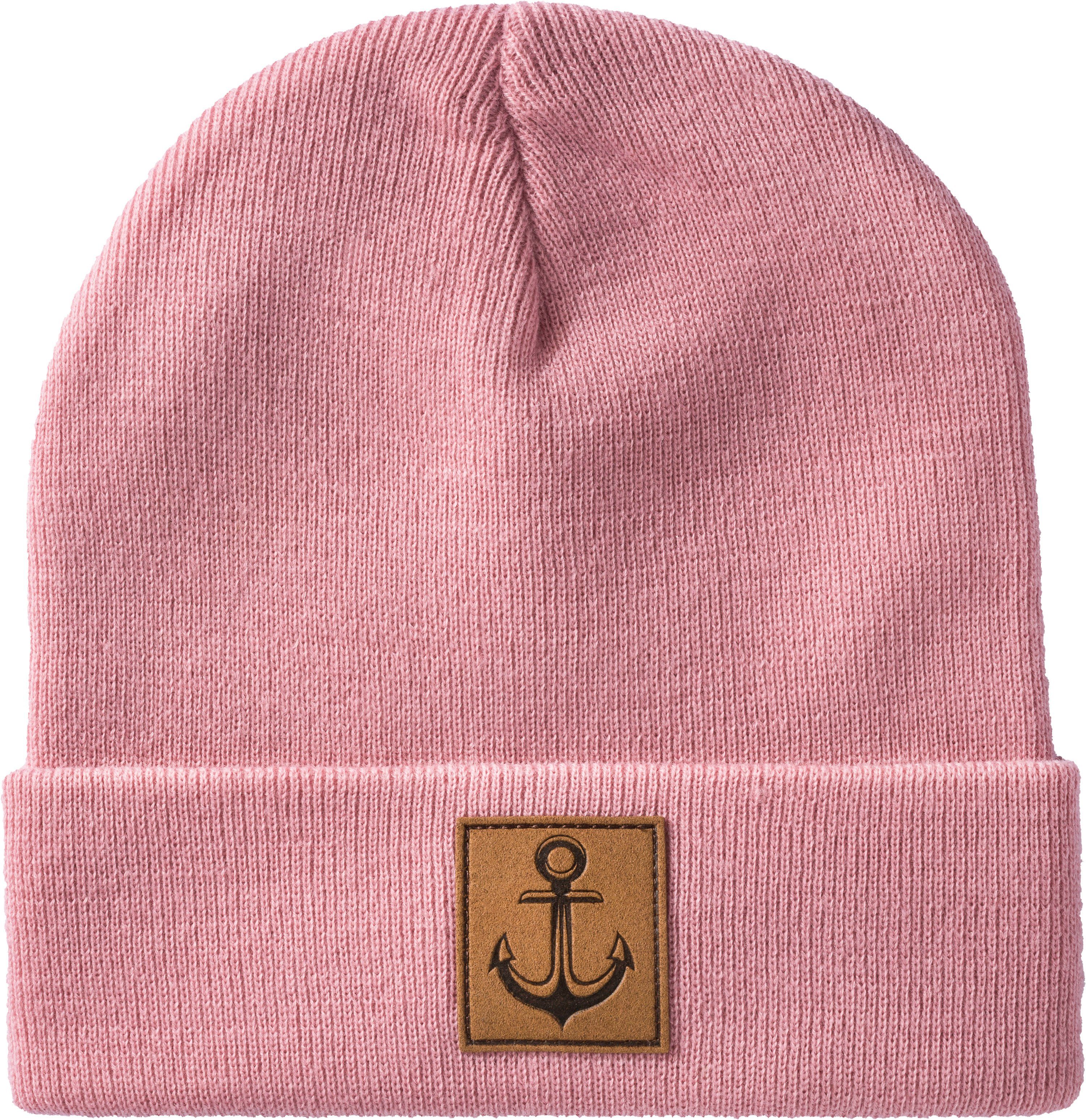 Baddery Beanie Strickmütze: "Anker" mit Leder Patch - Wollmütze Winter-Mütze Beanie, hochwertiger doppellagiger Strick, Leder-Patch, One Size