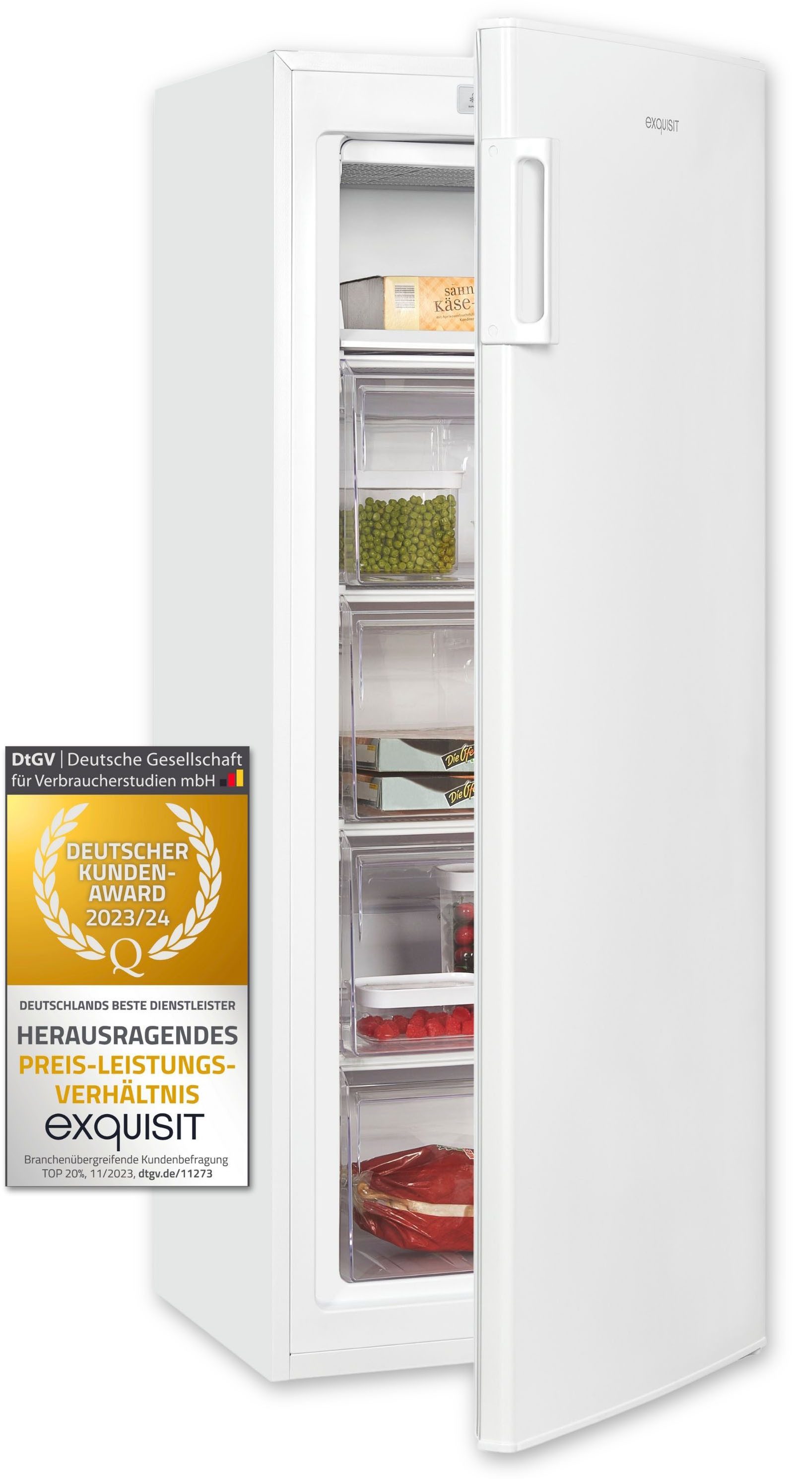 exquisit Gefrierschrank GS230-HE-040D, 142 cm hoch, 55 cm breit, 4*-Gefrierschrank LED-Anzeige & Griff– leicht und bequem öffnen