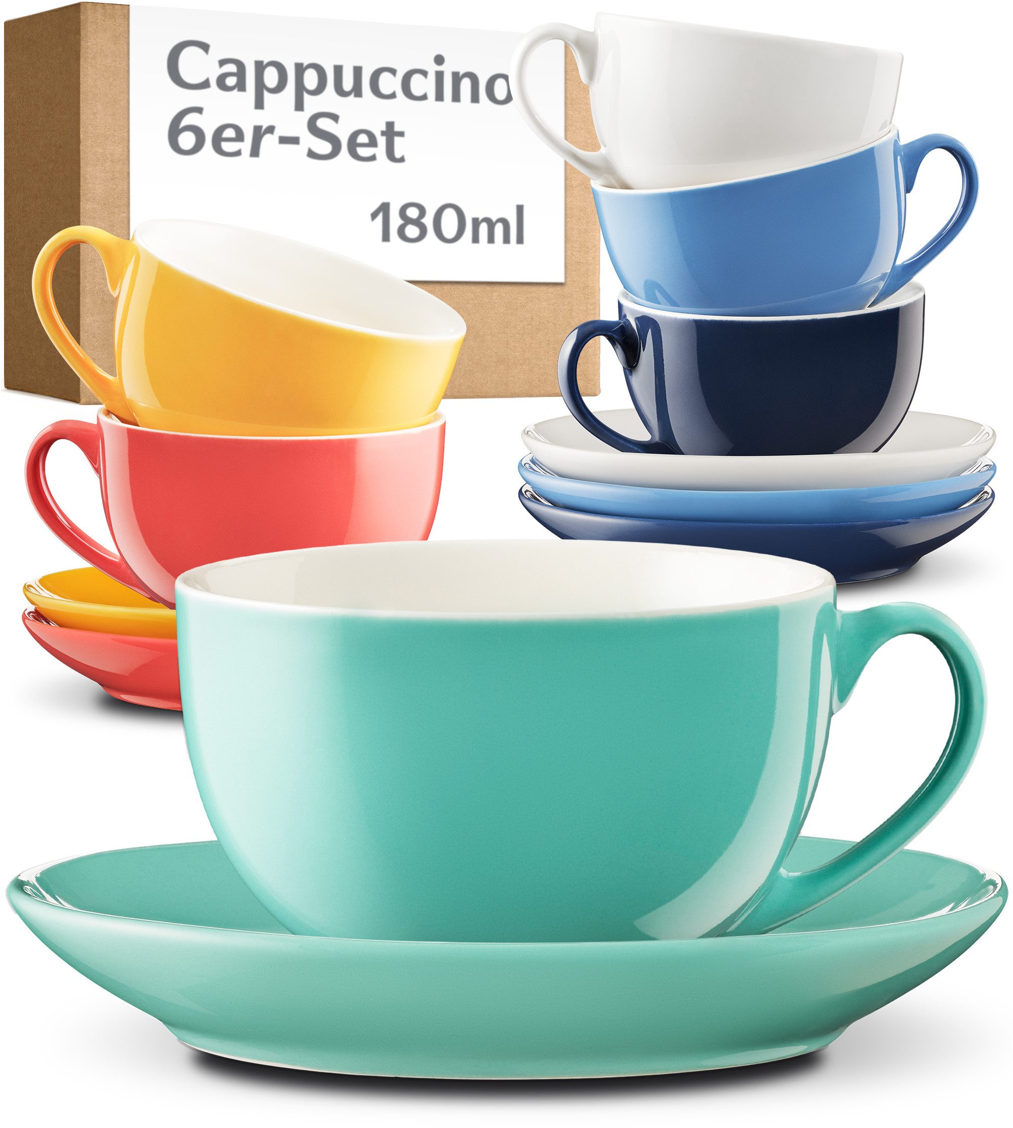 Cosumy Cappuccinotasse Cappuccino Tassen Set 6er mit Untertassen – Kaffeetassen Keramik 180ml, Keramik, 180ml