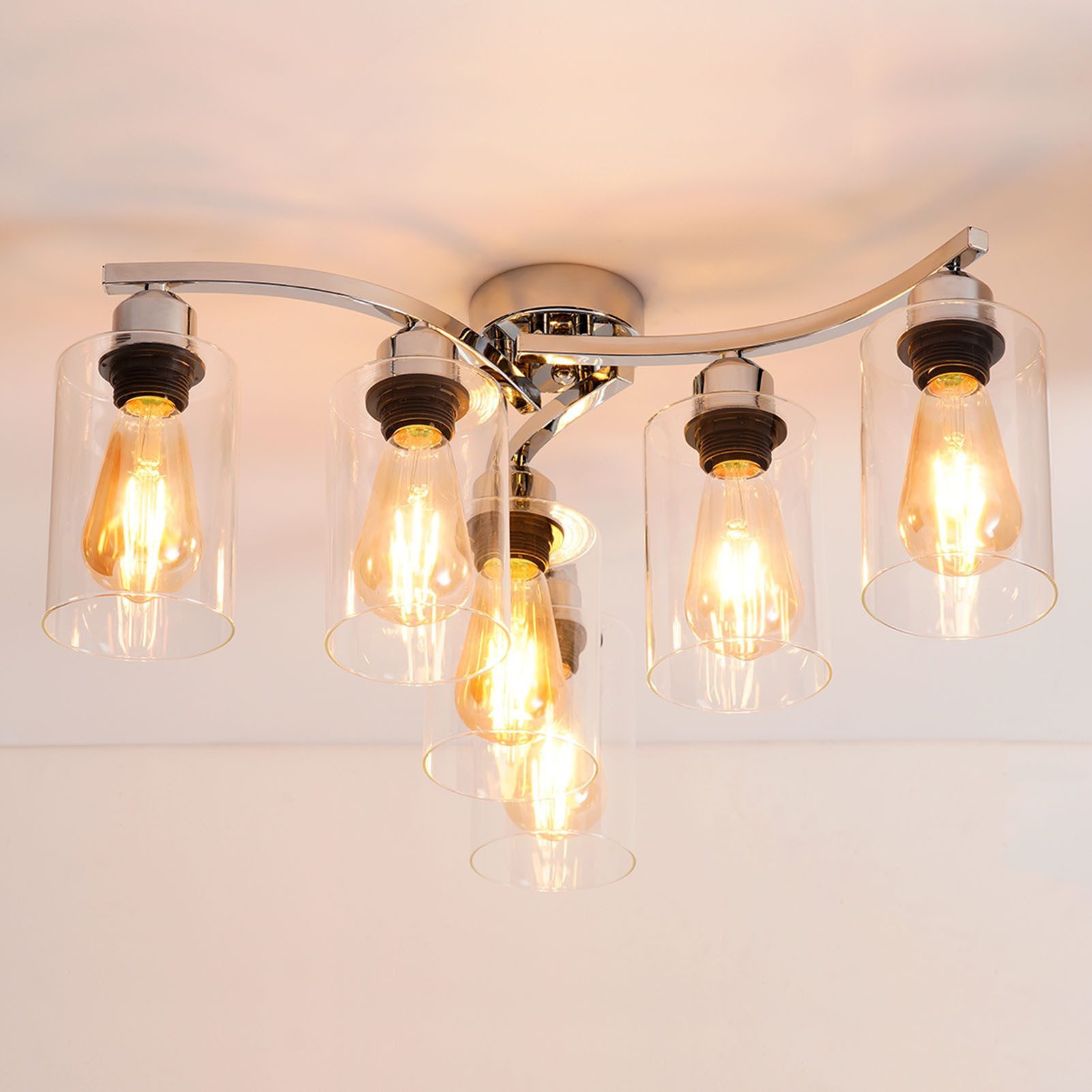 Ophy Deckenleuchte 6-flammige Deckenleuchte (20 Zoll) im modernen Bauernhausstil, halbbündig,mit klarem Glasschirm–für Esszimmer,Wohnzimmer & Küche