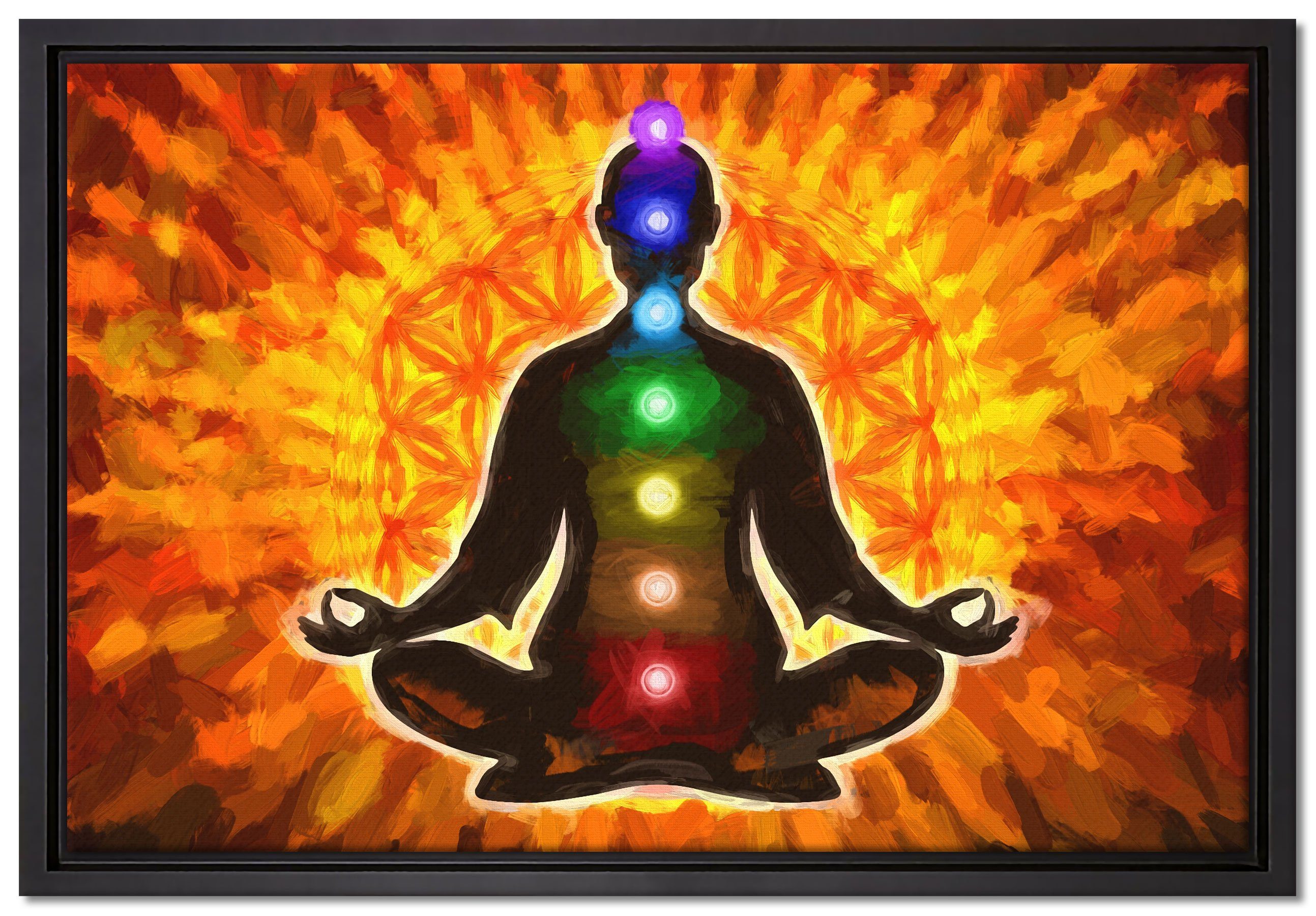 Pixxprint Leinwandbild Meditation mit den 7 Chakren Kunst, Wanddekoration (1 St), Leinwandbild fertig bespannt, in einem Schattenfugen-Bilderrahmen gefasst, inkl. Zackenaufhänger