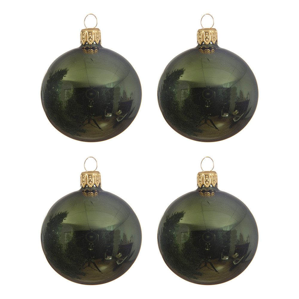 Kaemingk Weihnachtsbaumkugel, Weihnachtskugeln Glas 10cm mundgeblasen 4er Box - Piniengrün glänzend