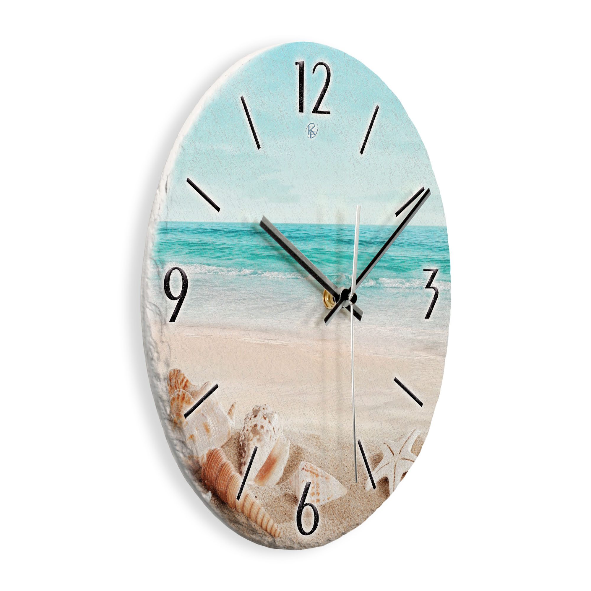 Kreative Feder Wanduhr Wanduhr „Südsee-Strand“ aus Stein (Keramik) in Schiefer-Optik (ohne Ticken; Funk- oder Quarzuhrwerk; ⌀ 30cm; außergewöhnlich)