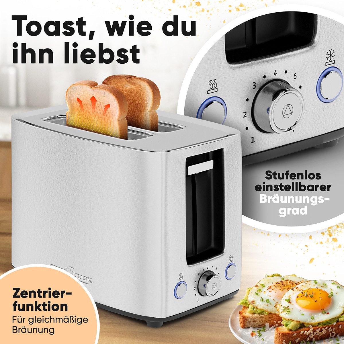ProfiCook Toaster PC-TA 1279, Toaster 2 Scheiben, Toaster mit Brötchenaufsatz