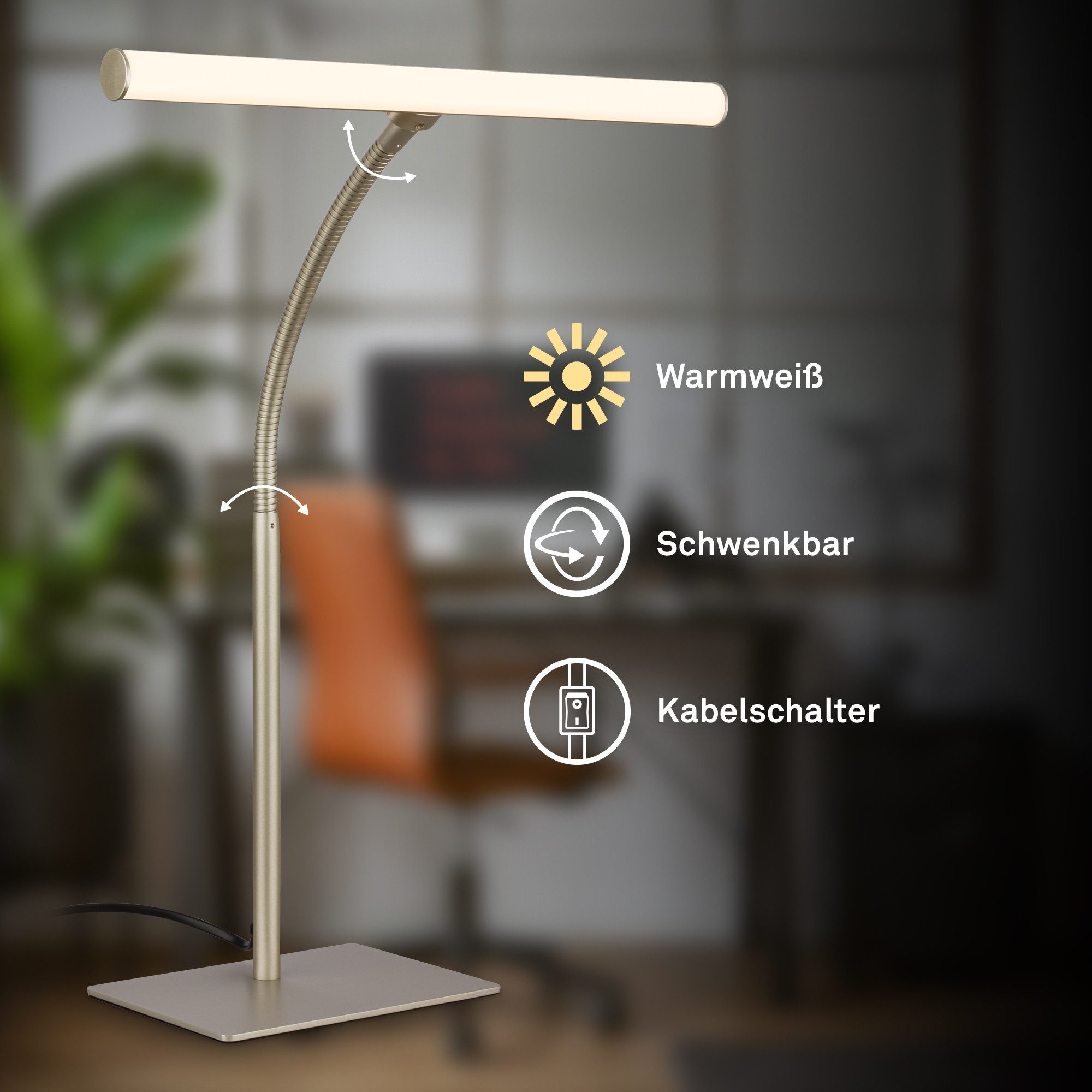 Briloner Leuchten LED Schreibtischlampe Tischleuchte Schwenkbar Kabelschalter Büroleuchte, LED fest integriert, 3000K, 32x47,5 cm, Büro, Kinderzimmer, Esszimmer