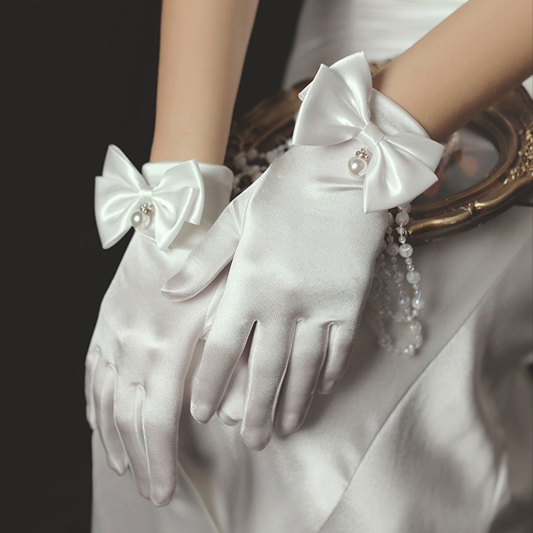perlweiße DÖRÖY die Braut, Satinhandschuhe für Französische kurze Handschuhe Abendhandschuhe