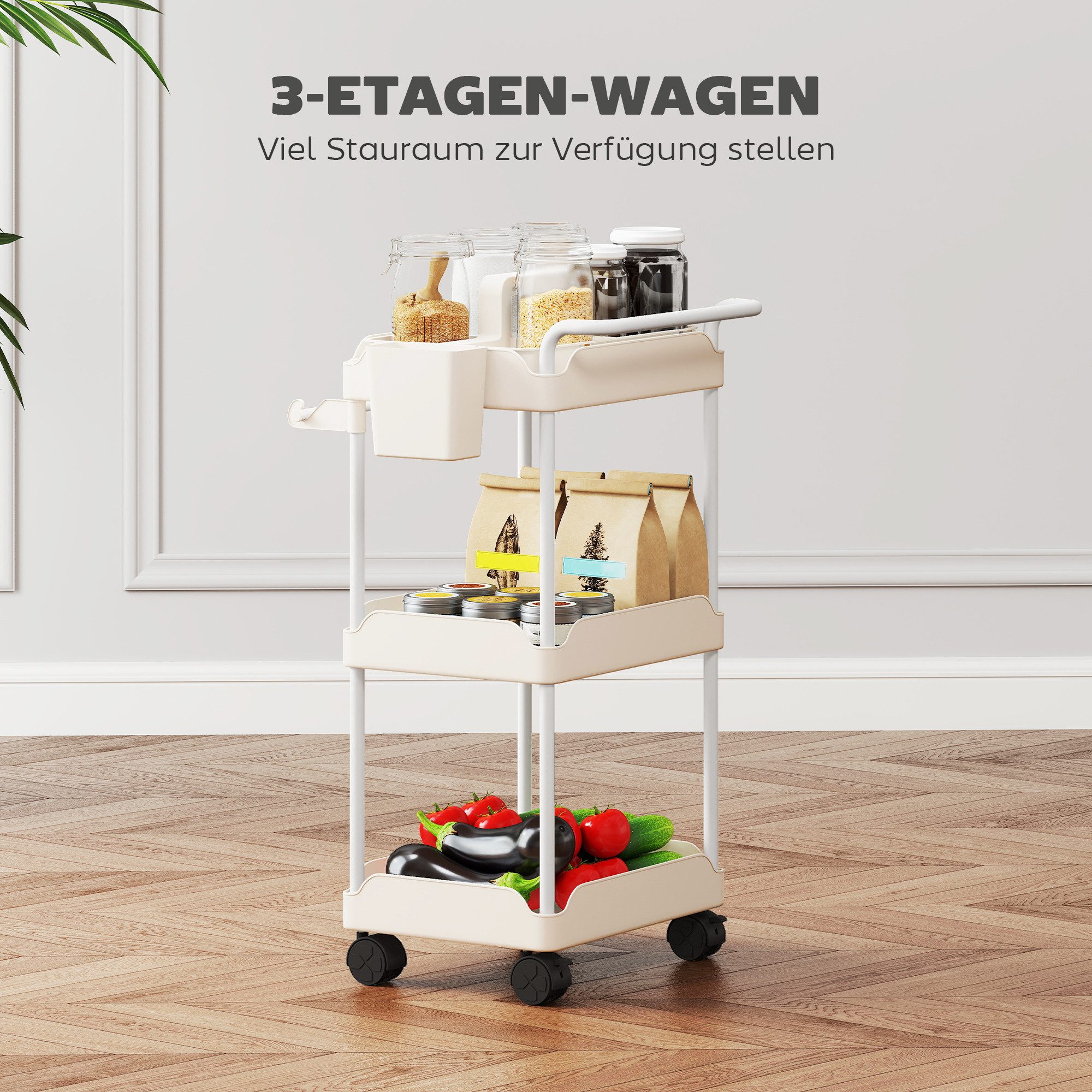 HOMCOM Küchenwagen Rollwagen mit 3 Ebenen Servierwagen mit hängenden Körben, (Servierwagen, 1 St., Rollwagen), für Wohnzimmer Küche Bad Büro Weiß – Bild 4 von 5