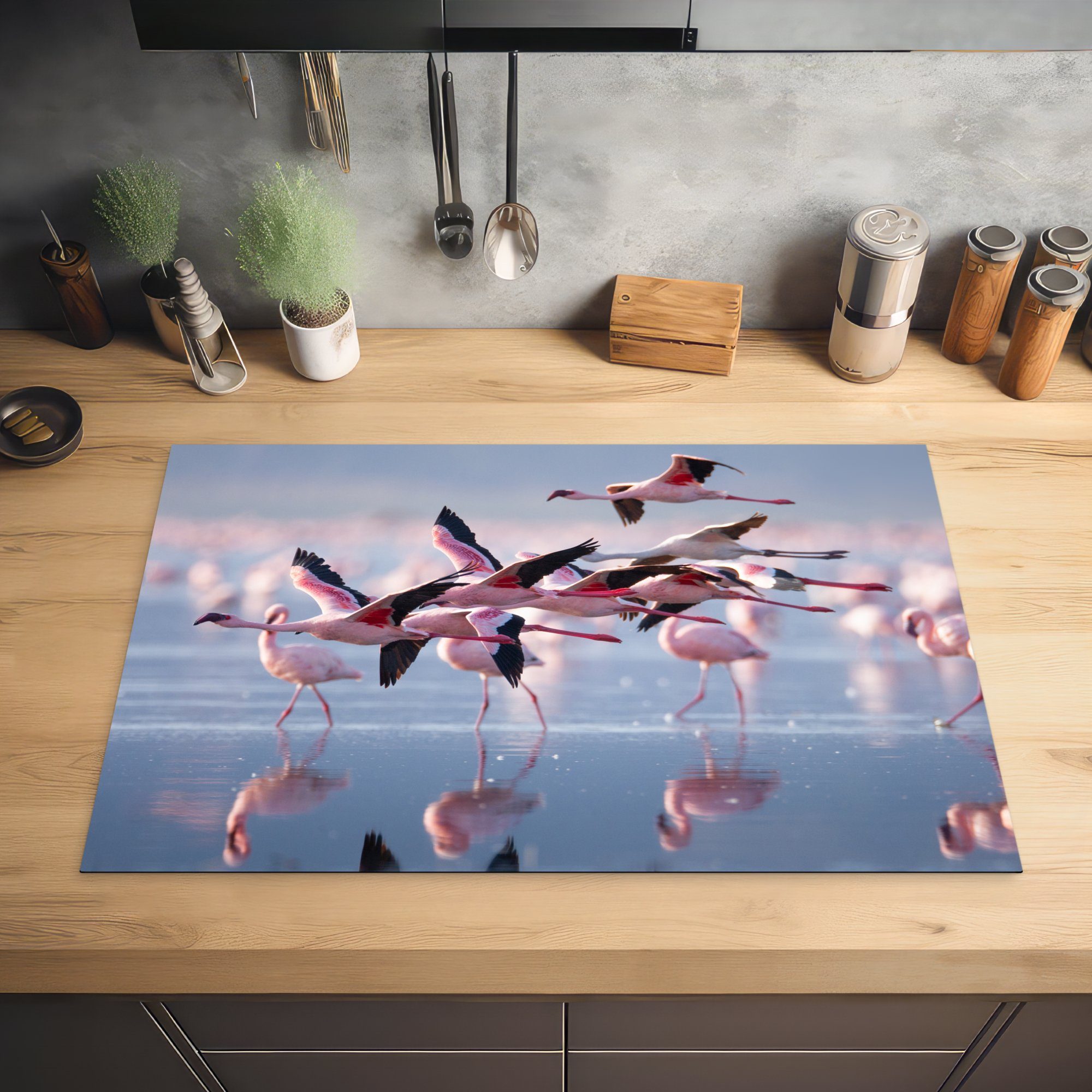tlg), Arbeitsplatte für Flamingo cm, Rosa, Herdblende-/Abdeckplatte 81x52 Vogel küche (1 - Vinyl, - - Wasser Ceranfeldabdeckung, MuchoWow