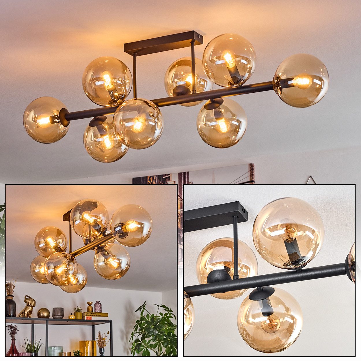 hofstein Deckenleuchte 8-flammige Deckenlampe aus Metall/Glas in Schwarz/Rauch/Bernstein, ohne Leuchtmittel, im Retro/Vintage-Design (Schirme Ø 15 cm), E14