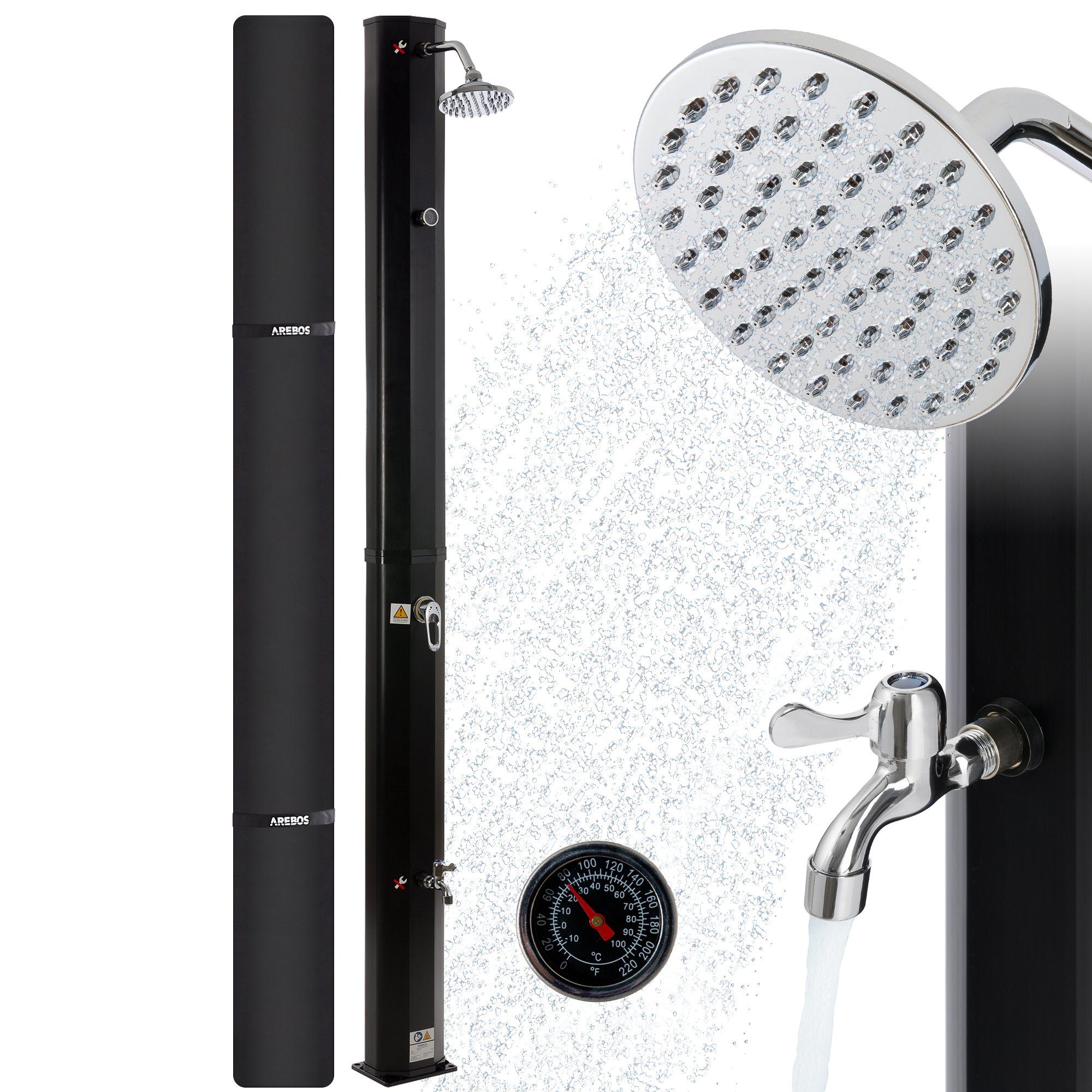Arebos Solardusche 35 L Solar-Gartendusche mit, Thermometer & Fußdusche (Komplett-Set, Gold/Silber/Schwarz), inkl. Abdeckhaube