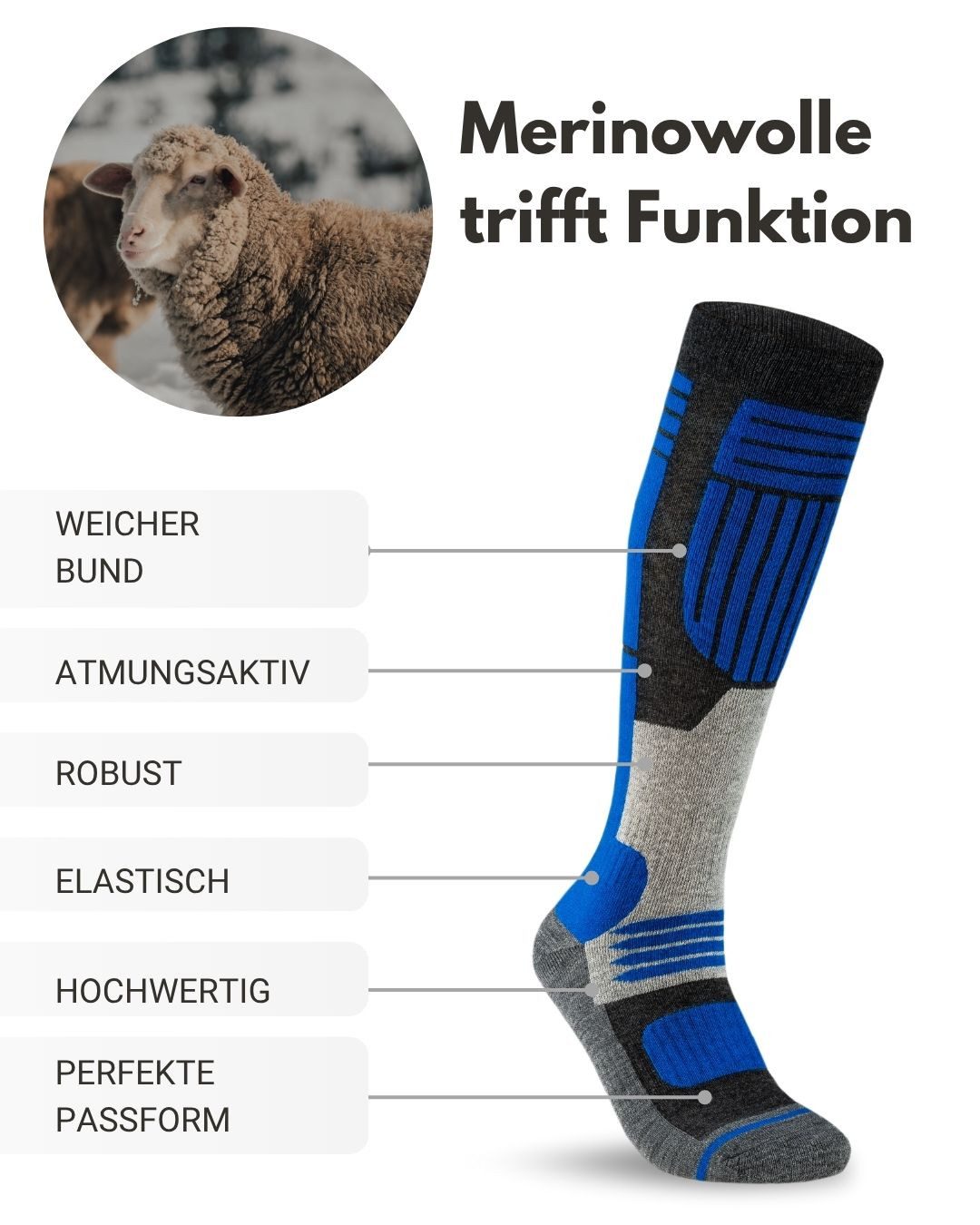 sockenkauf24 Skisocken Merino Herren 2 Paar Ski Kniestrümpfe Merinowolle (2-Paar) atmungsaktive Skisocken mit verstärkten Belastungszonen
