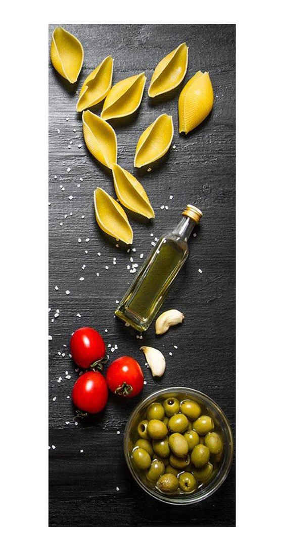 Levandeo® Glasbild, Glasbild 30x80cm Wandbild aus Glas Küche Pasta Nudeln Oliven Italien