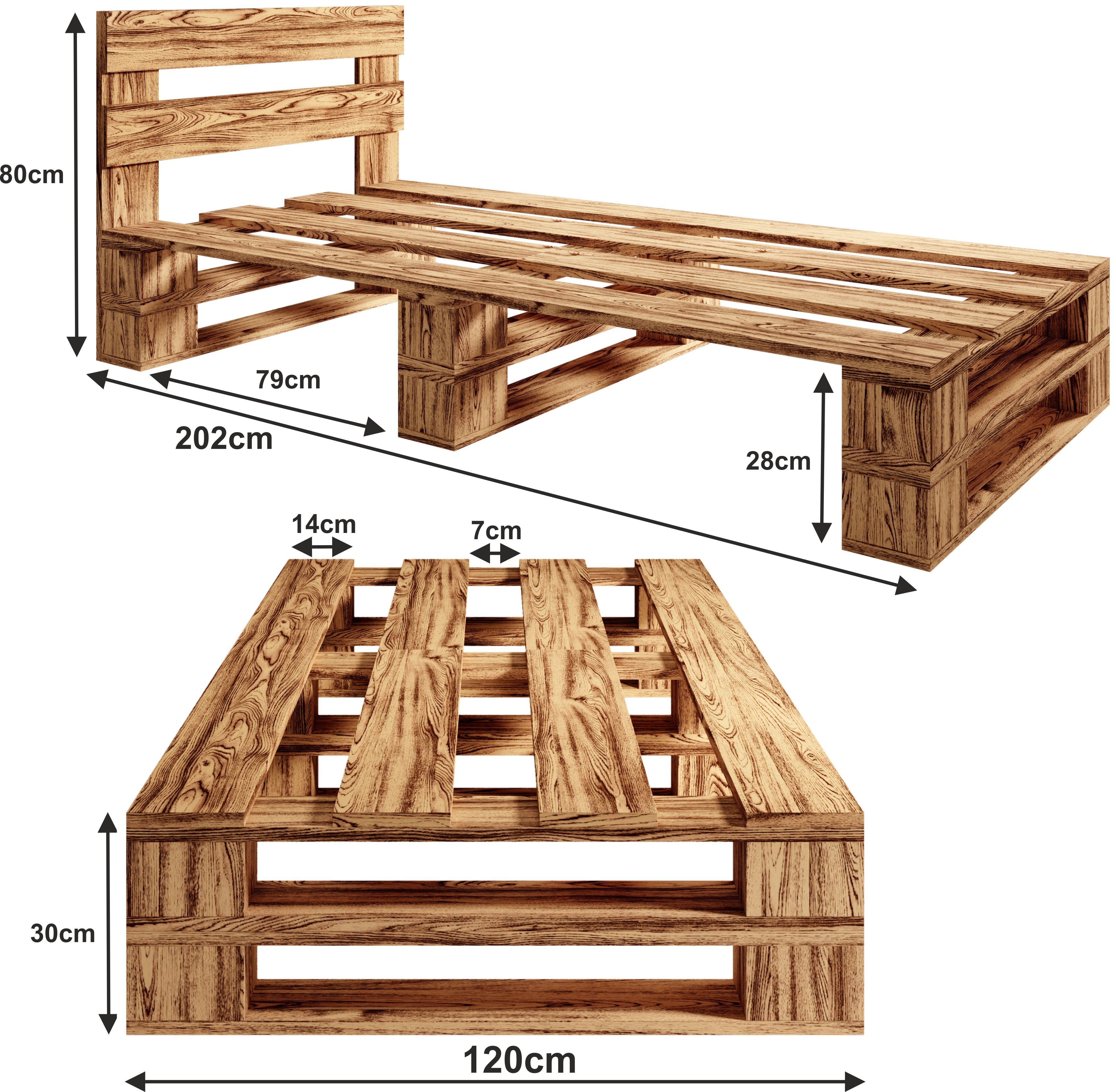 sunnypillow Palettenbett M2 aus Holz mit Kopfteil und 2 Bettkästen, 120 x 200 cm + Schubladen Geflammt – Bild 4 von 5