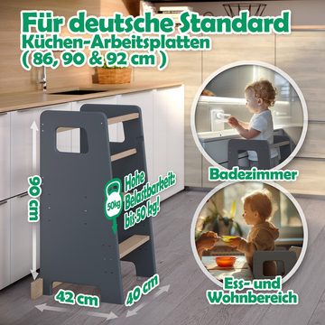 CADANI Stehhilfe Lernturm Jasper Küchenhelfer für Kinder Grau (mit Anti Kipp Schutz), ab 1. Jahr Massivholz bis 50 kg belastbar Höhenverstellbar Made in EU