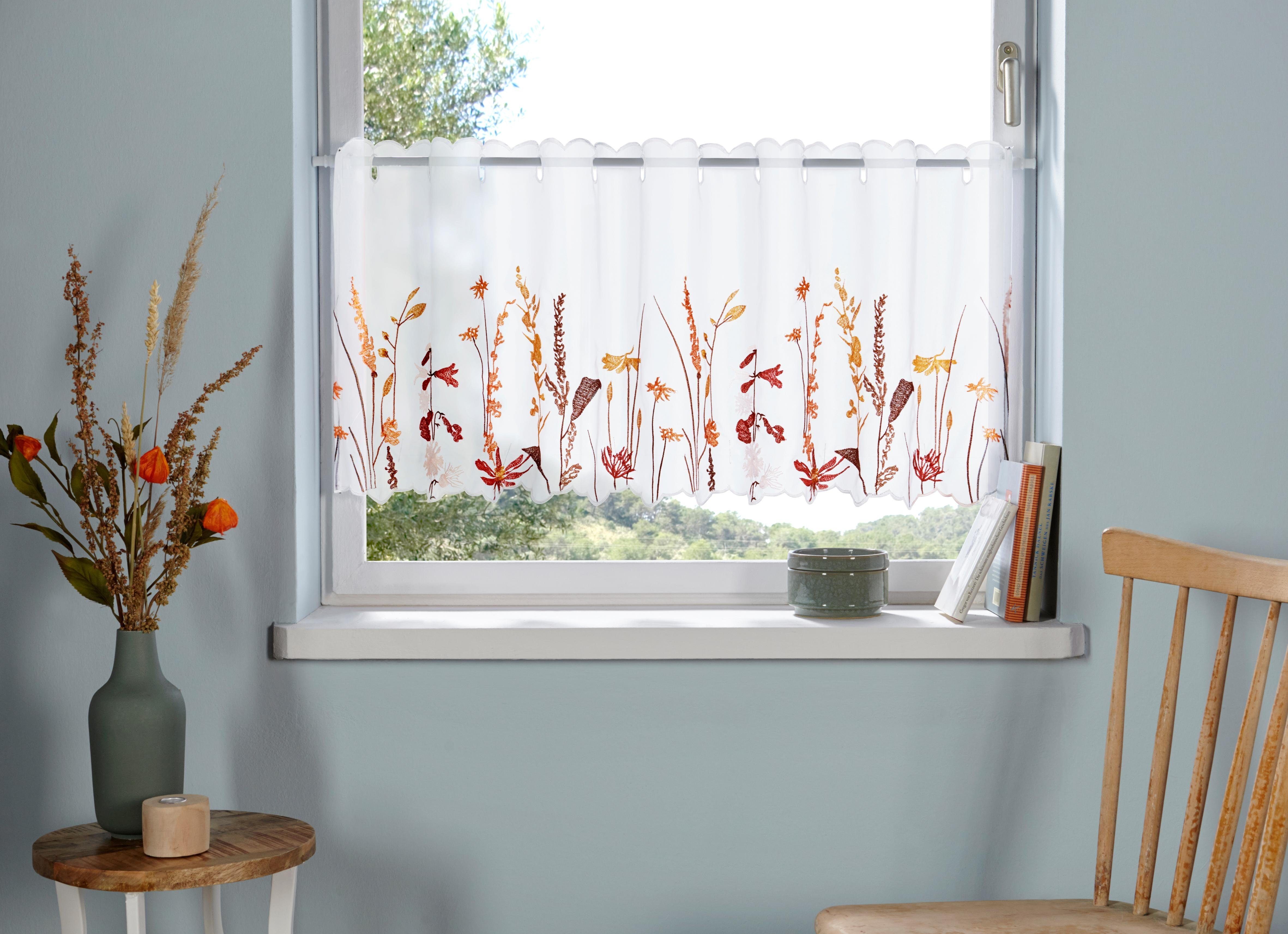 OTTO home Scheibengardine Bille (1 St), Durchzuglöcher, transparent, Voile, transparent, mit einseitiger Stickerei, waschbar, Blumen
