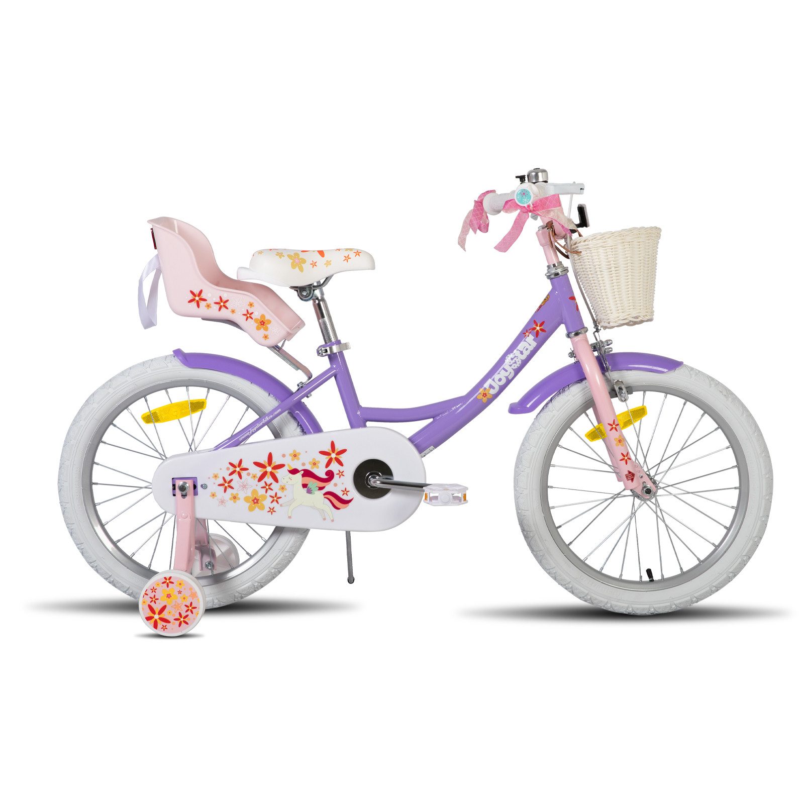 JOYSTAR Kinderfahrrad 12 14 16 18 Zoll Mädchenfahrrad, 3 - 9 Jahre, Geschenk für Prinzessin, 1 Gang, Puppenradsitz & Stützrädern& Korbstreamer, 18 Zoll mit Stützrädern